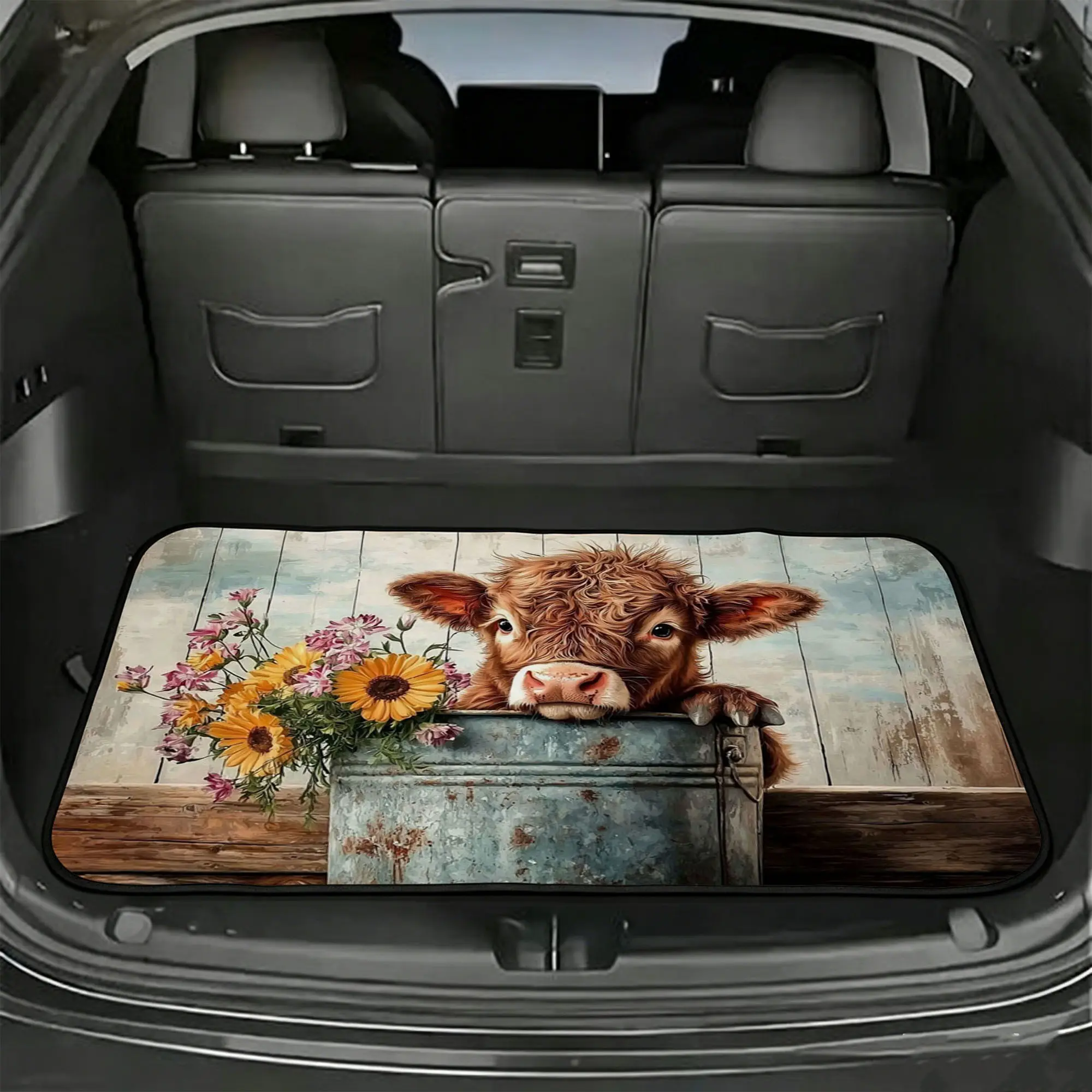Car Trunk Mat, 2D Flat High Country Cow Pattern, Suitable for Cars, Trucks, Suvs, All Seasons, Non-Woven Fabric, Pet Friendly, Easy to Replace