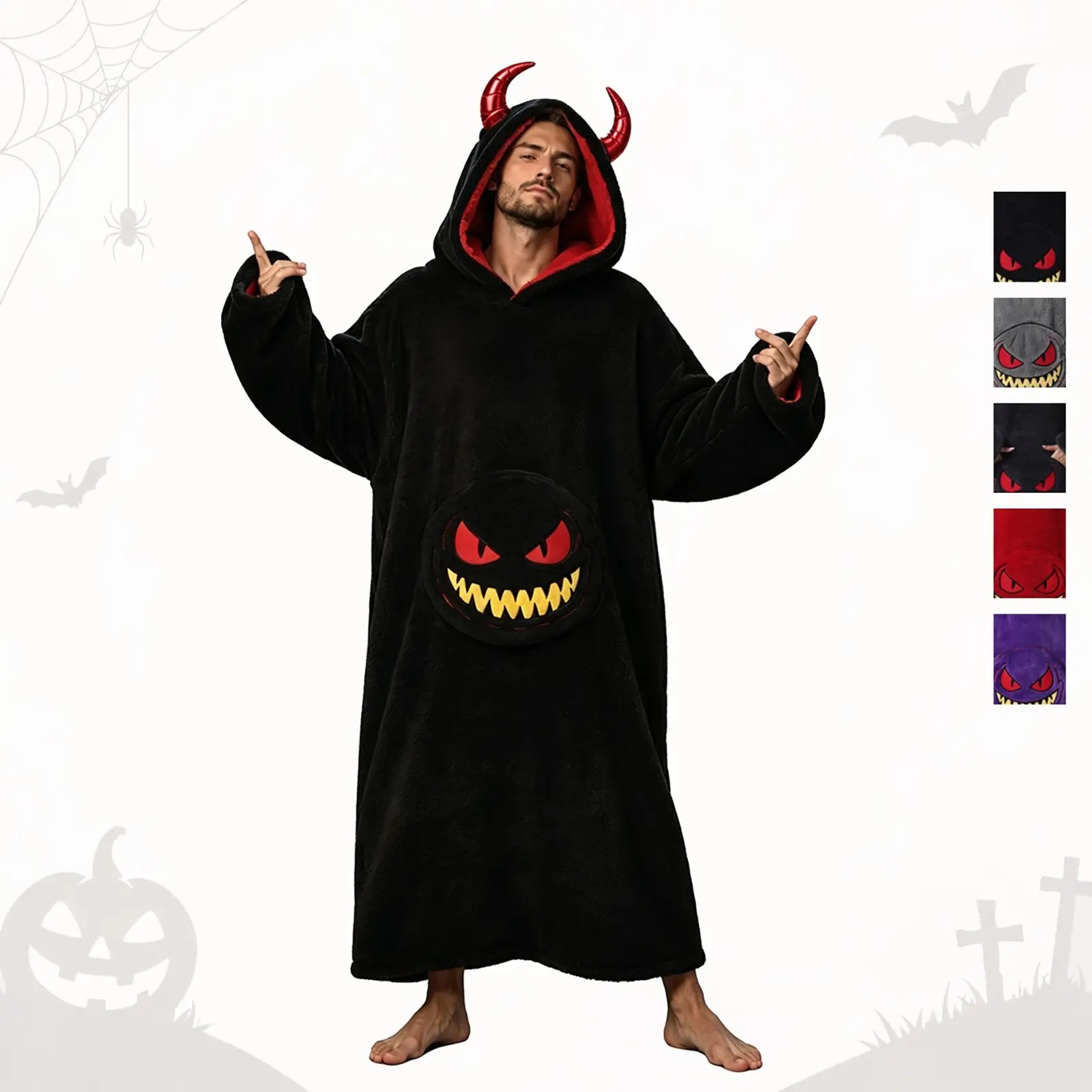 Halloween Devil Wearable Blanket, Soft Plush Hooded Cloak Blanket with Monster Pockets and Demon Horns, Soft Warm Blanket, Comfortable for Home, Parties, Gifts