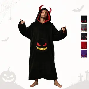 Halloween Devil Wearable Blanket, Soft Plush Hooded Blanket with Monster Pockets and Demon Horns, Comfortable for Home, Parties, Gifts