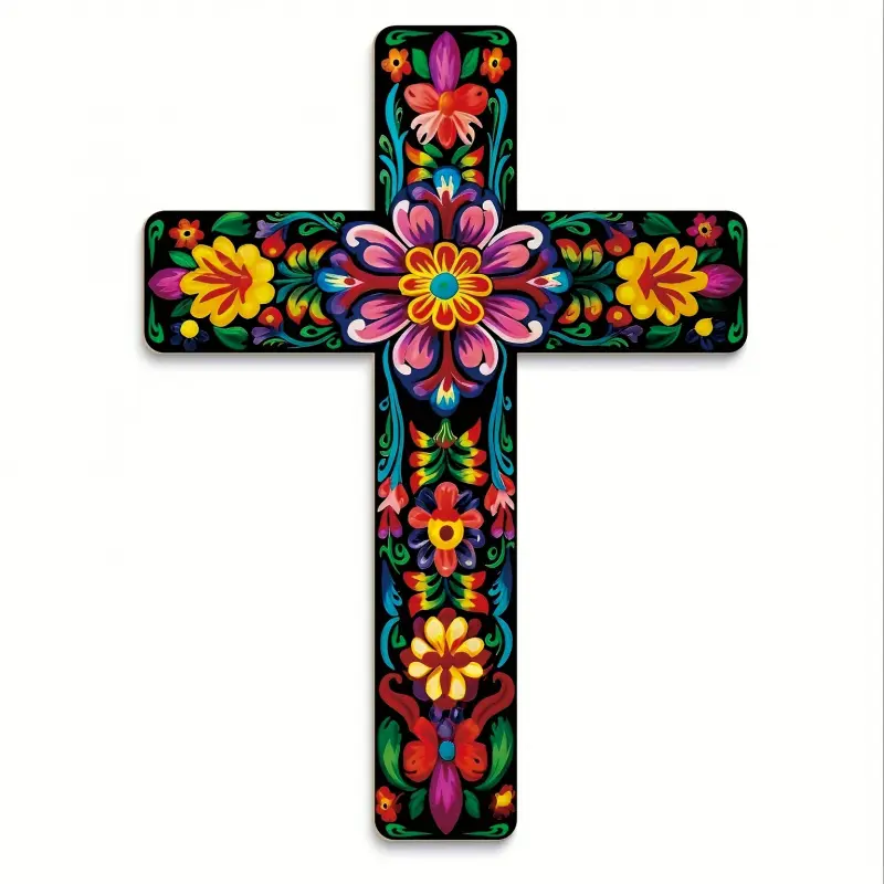 2D plane, Religious decoration, Mexican floral wooden cross wall decor, colorful folk-art embroidery-style floral cross hanging ornaments, brightly hued Mexican folk religious cross wall hangings, suitable for home and church decor