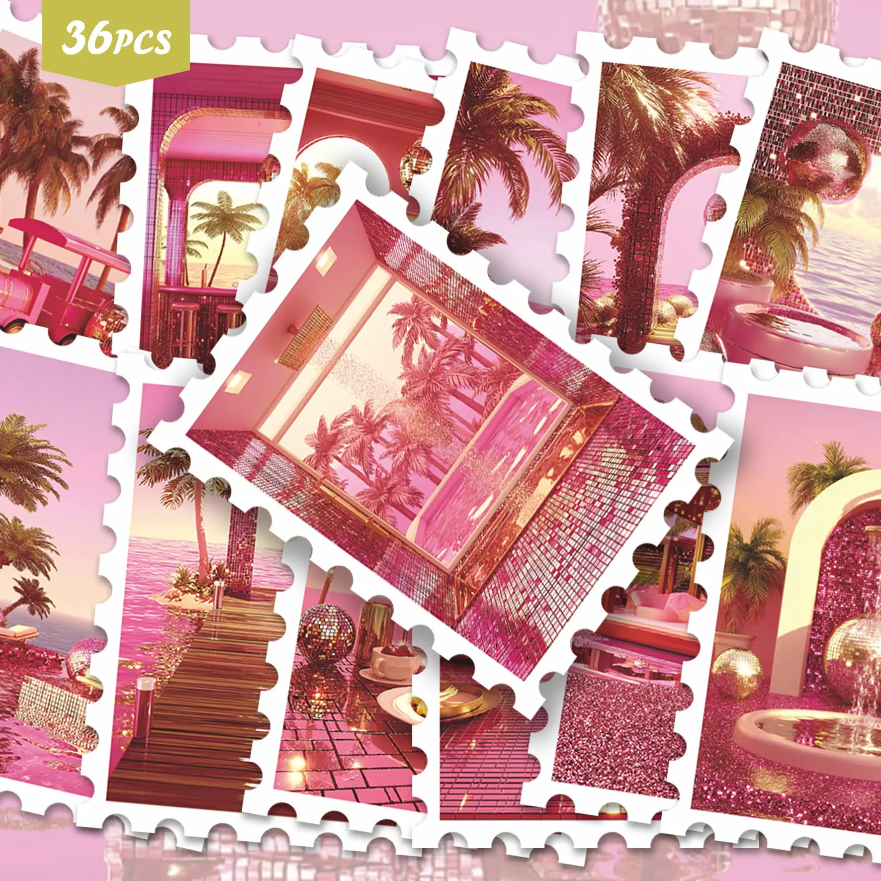 36pcs Barbie Pink Disco Tropical Beach Die Cut Stickers Pack | Mirror Ball Palm Tree Pool Bar Swing Fruit Platter Glitter Pastel Pink Summer Vacation Aesthetic Graphics | Vinyl for Scrapbook, Notebooks, Decor, Scrapbooking Supplies & Scrapbook Decals