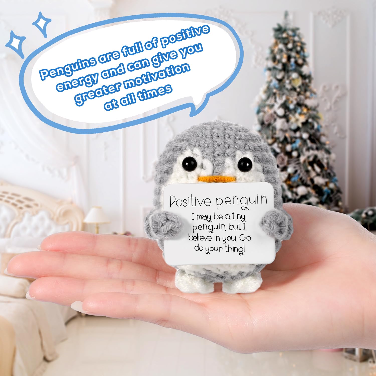 Positive Penguin Decorative Ornament, 1/8 Counts Funny Knitted Penguin Ornament with Positive Card, Cute Positive Penguin Crochet Decorative Ornament