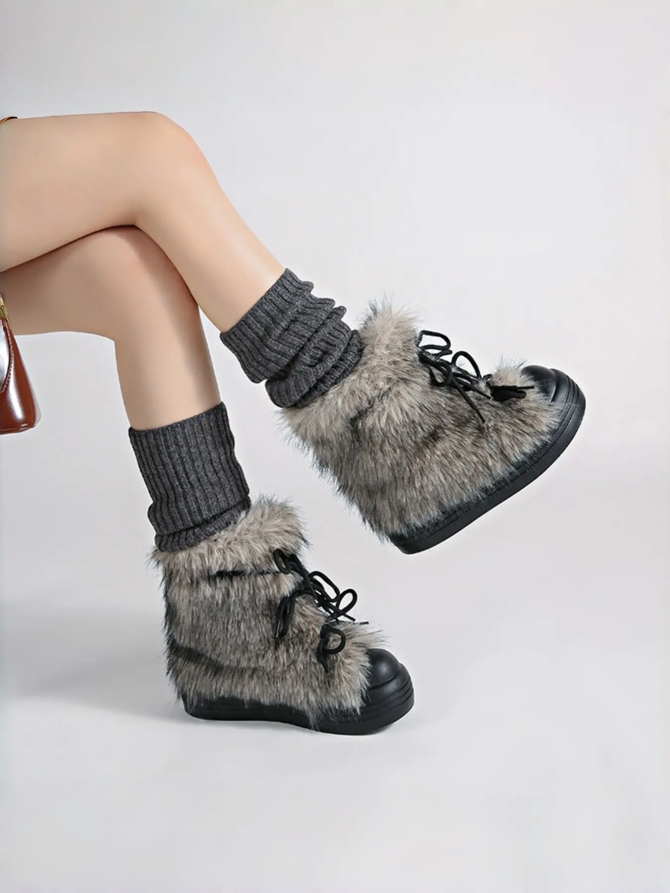 Vintage Post-Apocalyptic Round Toe Short Furry Boots, Adjustable Wine Laces, Thickened Waterproof Fall Winter Women's Shoes