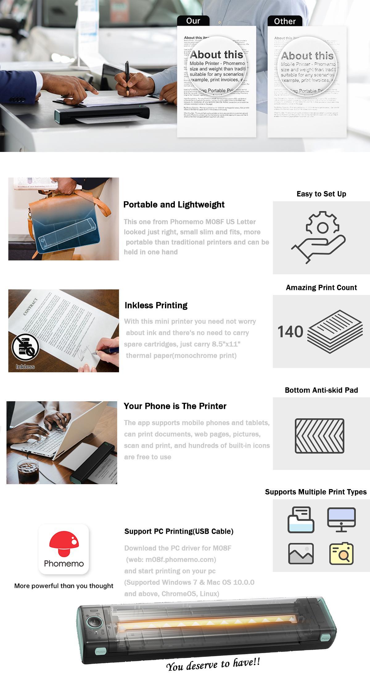 [School Supplies] Phomemo M08F Thermal Printer for Travel, [Upgrade] Portable Printer Support 8.5" X 11" US Letter, Printing Machine, BT Inkless Printer Compatible with iOS, Android, Laptop for Travel, Office, Home