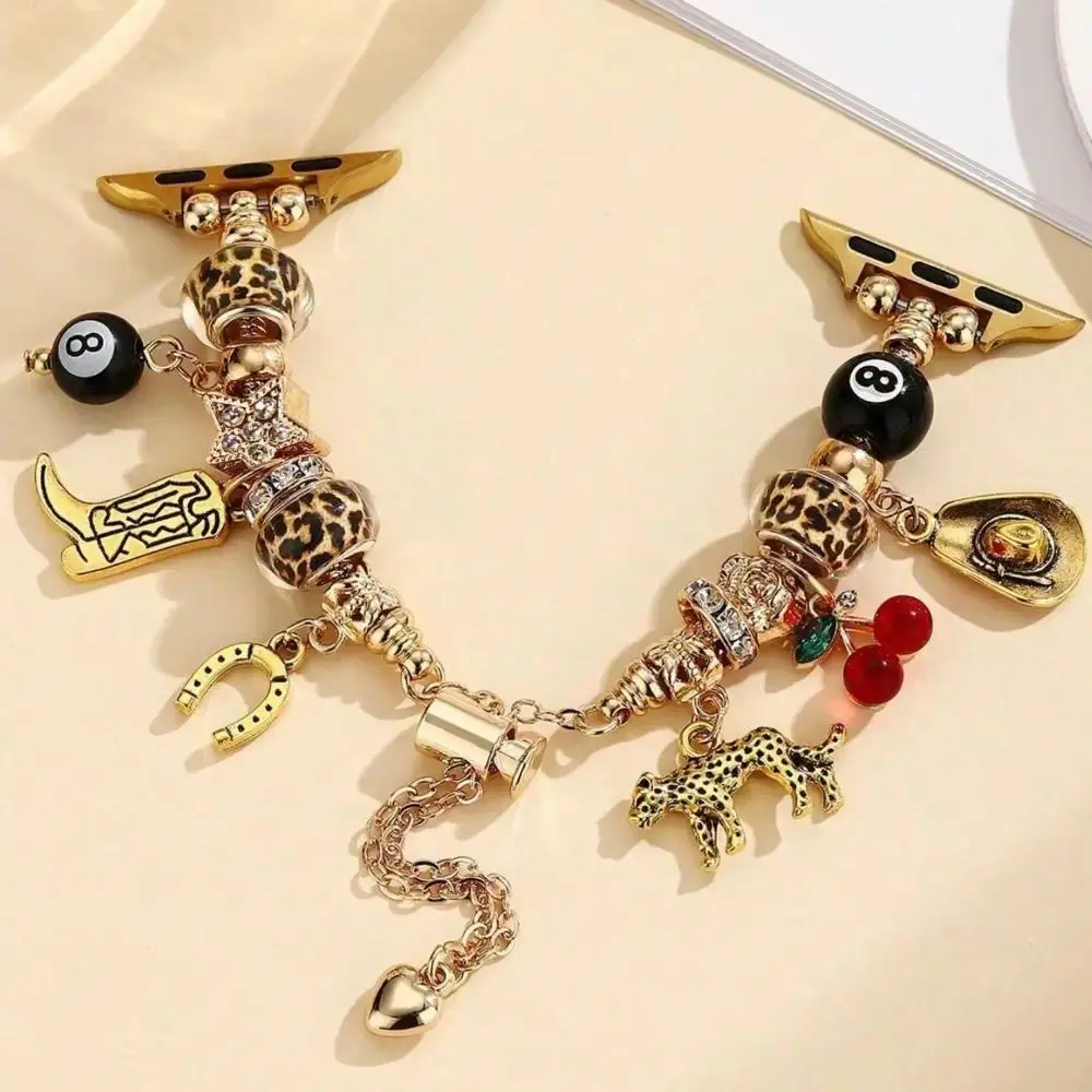 Western Leopard Charm Smartwatch Band - Vintage Cactus, Cowboy Boot, Charm Pendants Accents, Boho Cowgirl Aesthetic Personalized Item, DIY Bag Accessory, Compatible With 38-49mm Smart Watches, Western & Smartwatch Accessories, Leopard Print, Boho Western