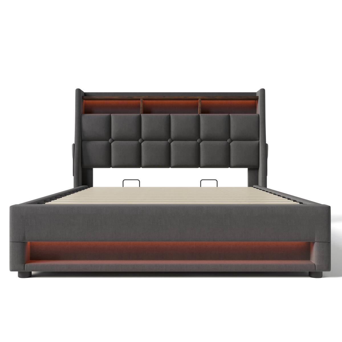 Soft padded platform bed with hydraulic storage system, LED and USB charging, natural (without mattress)