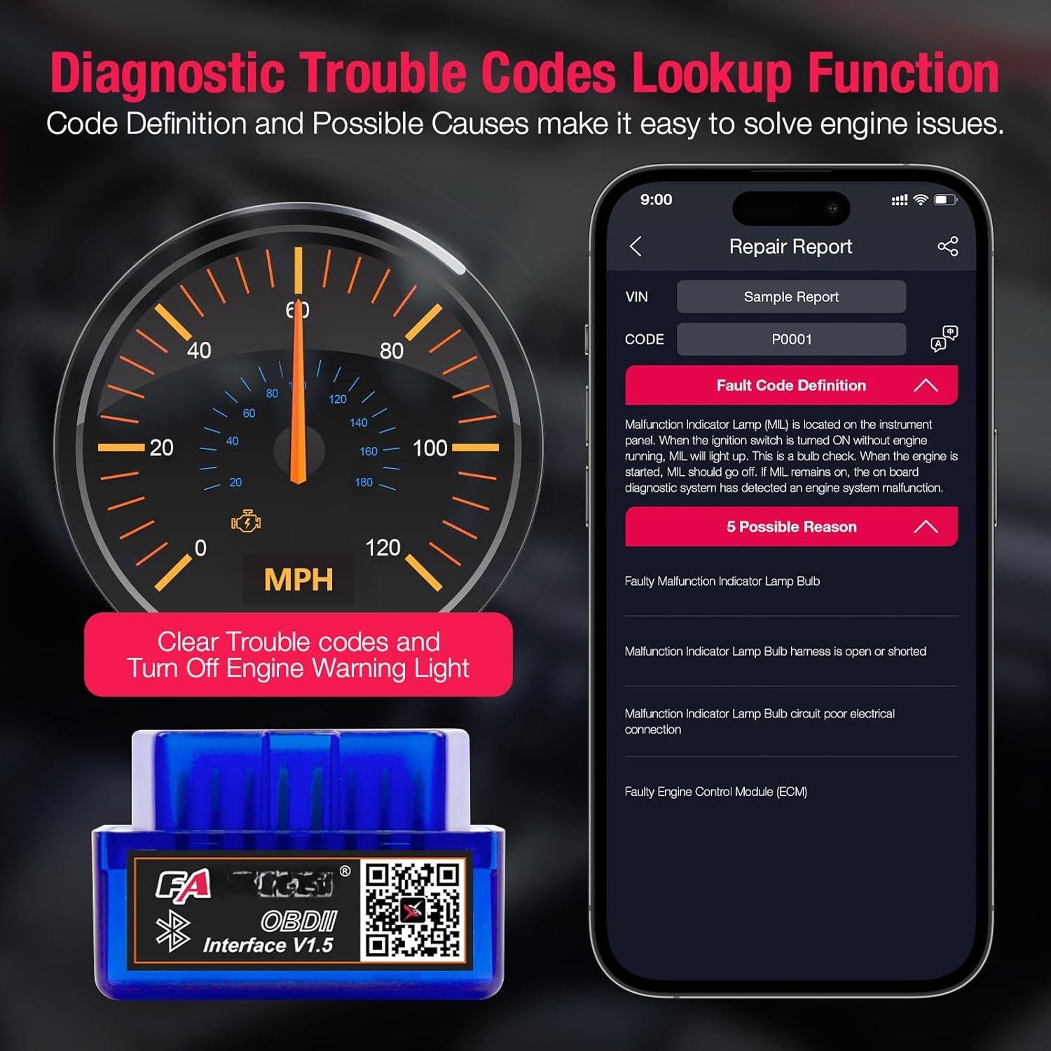 OBD2 Scanner for  & Android,  Diagnostic Scan Tool Check Engine Fault Code Reader for  OBDII  and Pickup - X1 mini Scanner