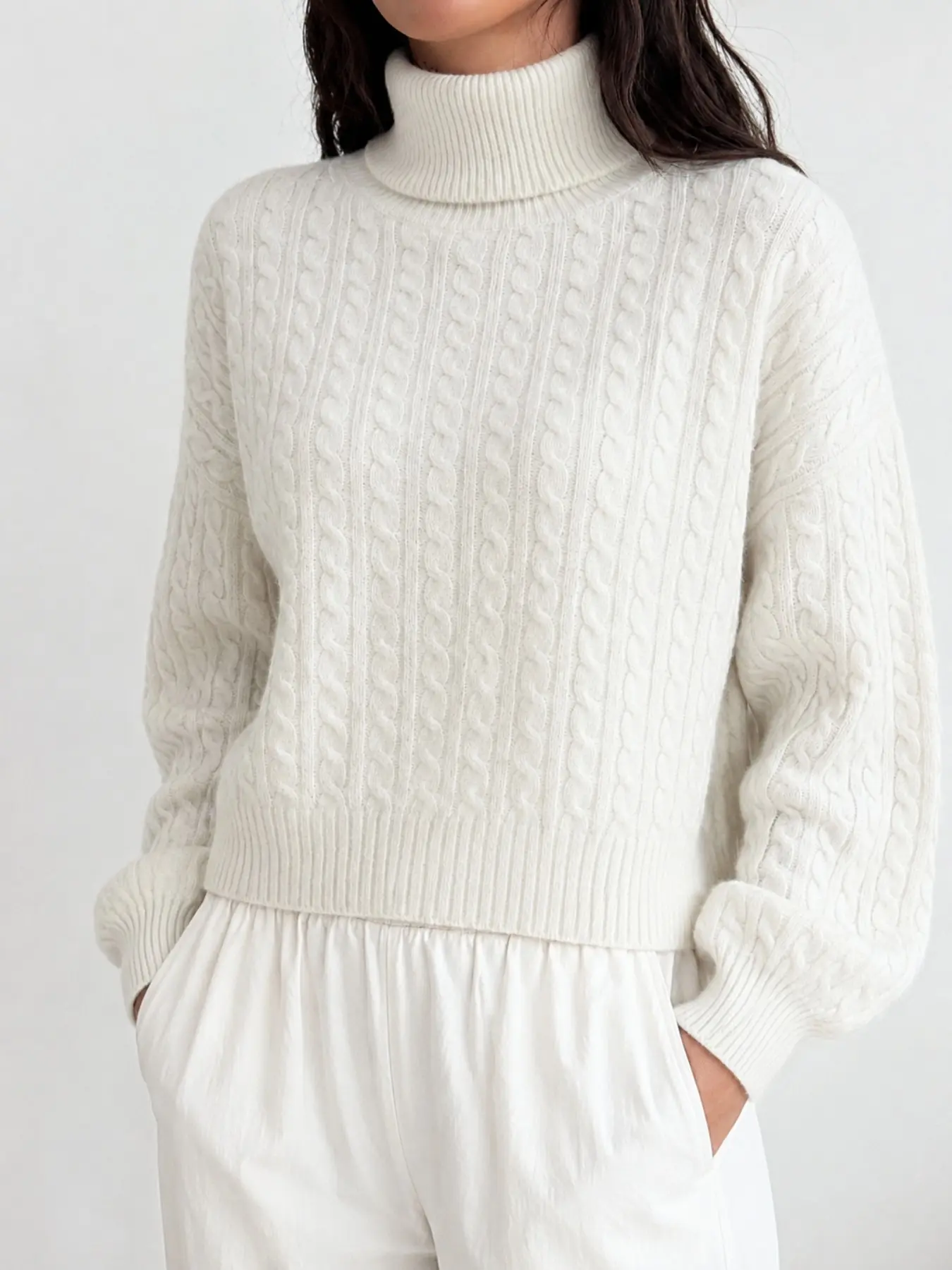 Women Soft Casual Cable Knit Pullover, Cream White High Neck Twist Textured Loose Long Sleeve Cropped Daily Sweater