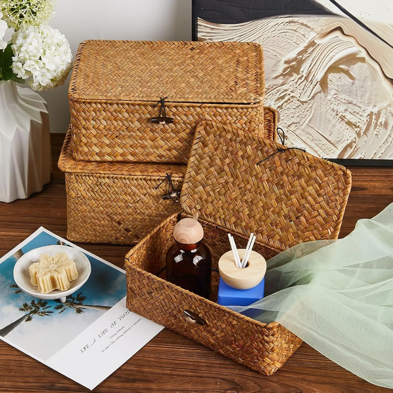 3-Piece Rectangular Mesh & Woven Storage Box Set - Eco-Friendly Hand-Woven Breathable Retro Baskets with Weave Pattern, Multipurpose Household Organizer for Wardrobe, Bathroom Sundry Storage, Toy Hammock Organizer