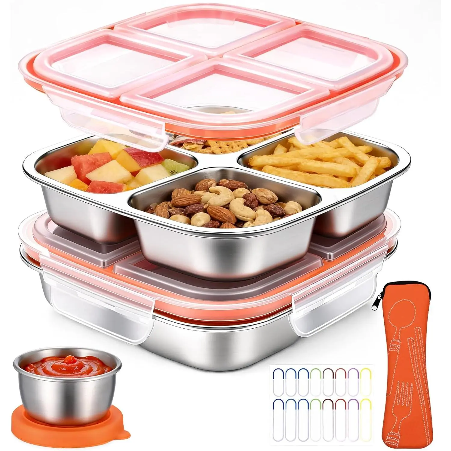 2 Pack Stainless Steel Snack Containers for Kids, 4 Compartment Metal Bento Boxes with Sauce Cups and Utensil Bag for School, Travel and Picnic