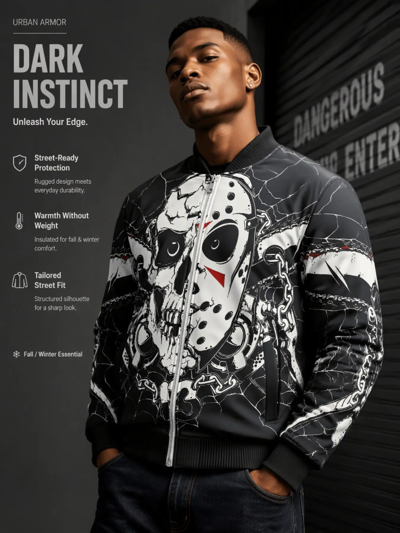 Men's Skull Jason Hockey Mask Full Zip Bomber Jacket, Vintage Chainsaw Spider Web Print, Gothic Streetwear Fall Winter Coat