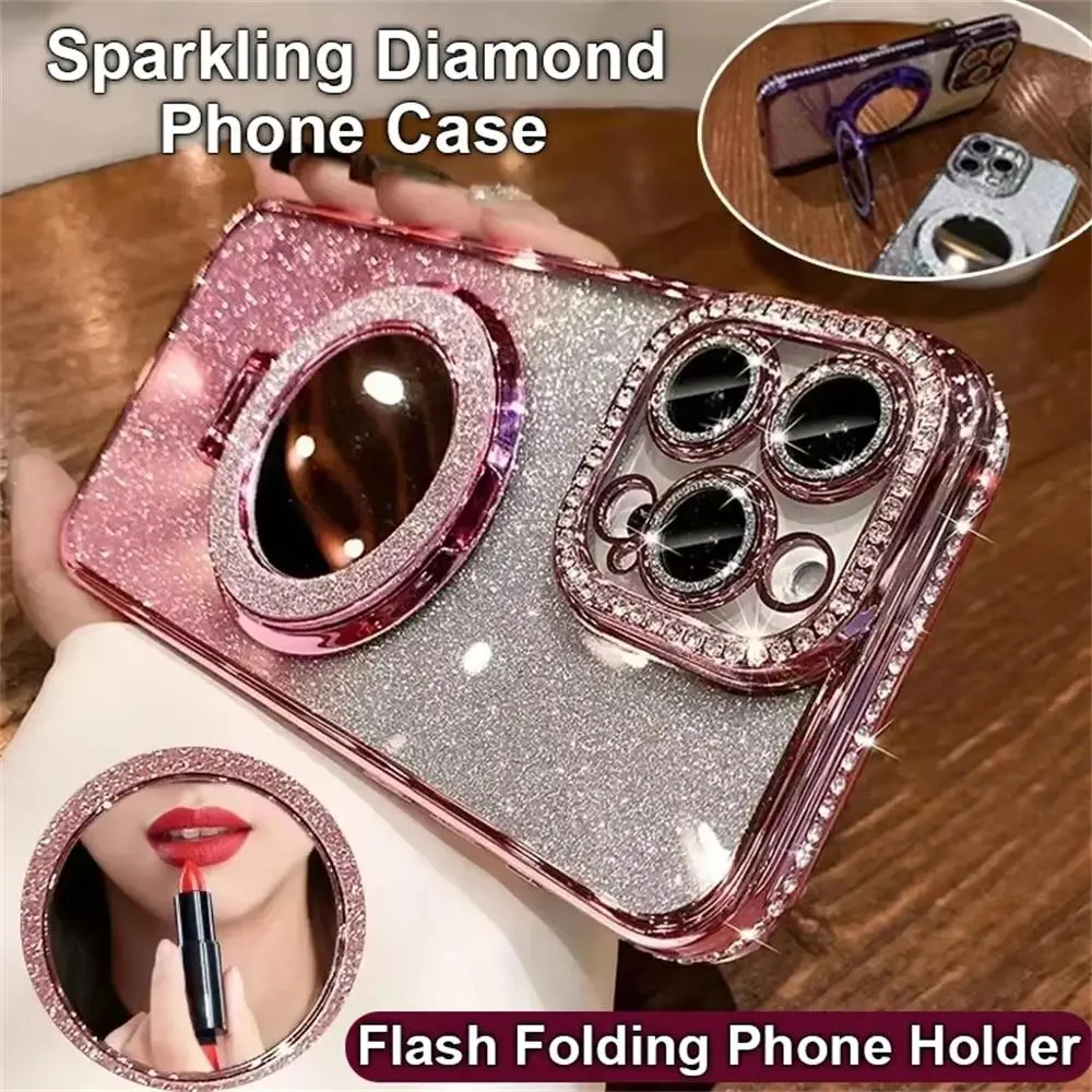 Glitter Diamond MagSafe Bracket Phone Case, TPU PC Shell Accessories with Air Mirror Magnetic Holder Stand for iPhone 17, 16, 15, 14, 13, 12, 11 Pro Max
