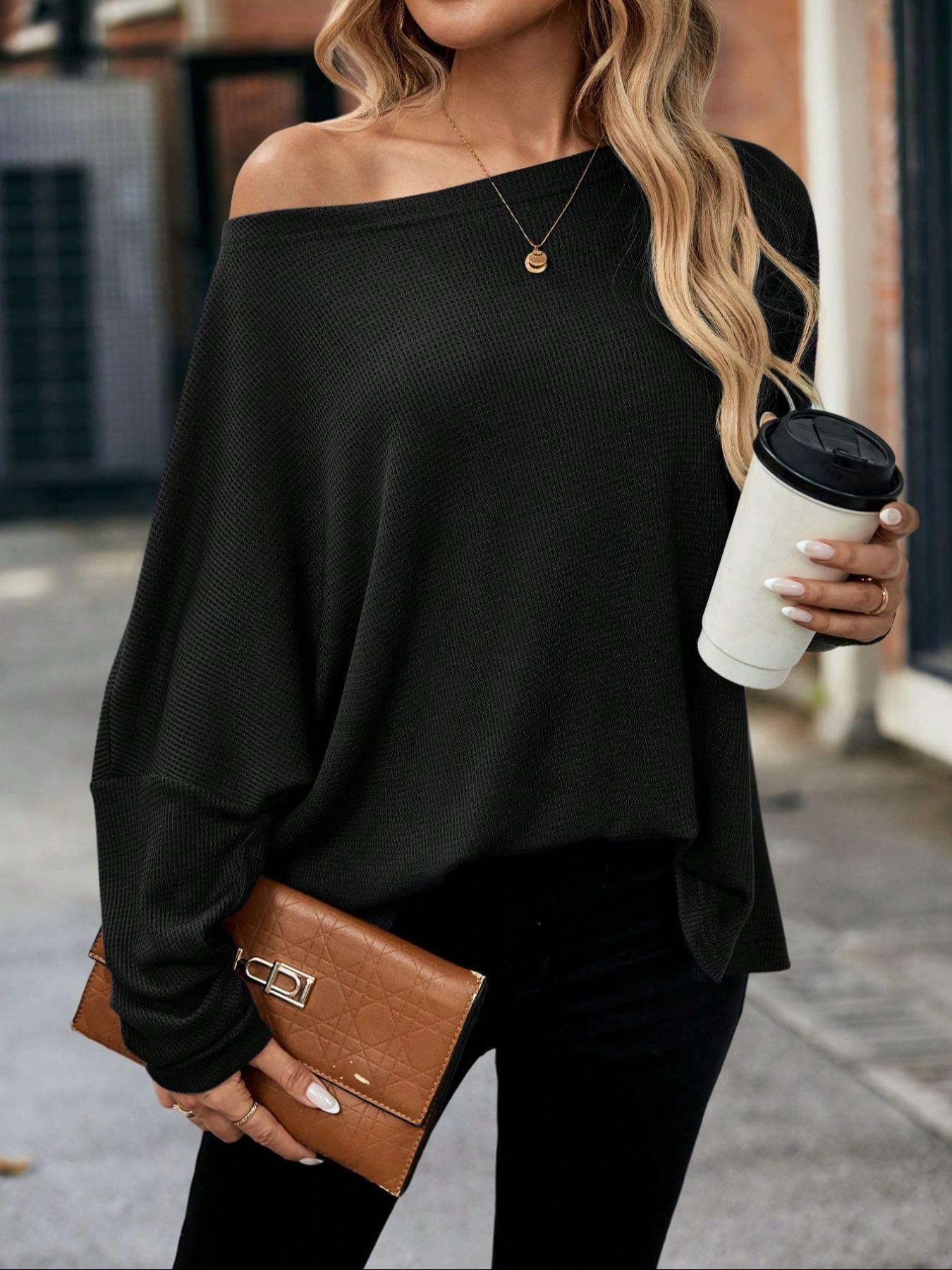 Women's Plain Textured Batwing Sleeve Tee, Casual Drop Shoulder Long Sleeve T-shirt for Spring & Fall, Women's Top for Daily Wear, Casual Breathable Top