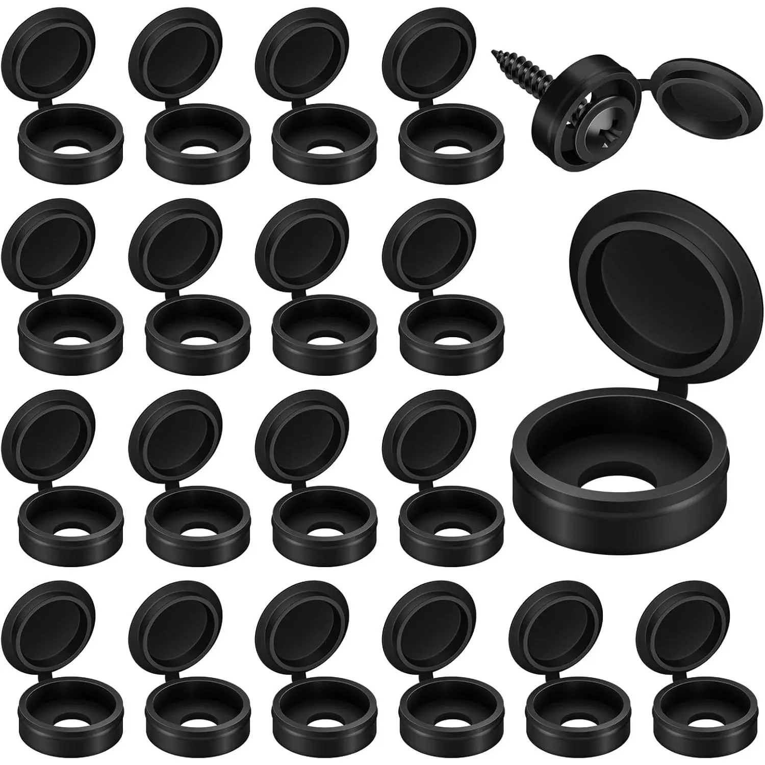 150-Pack 13.5mm Black Plastic Hinged Screw Cover Caps - Tool-Free Easy Installation for Hiding Screws, Flush Mount Protection, Rust Proofing, Smooth Surfaces