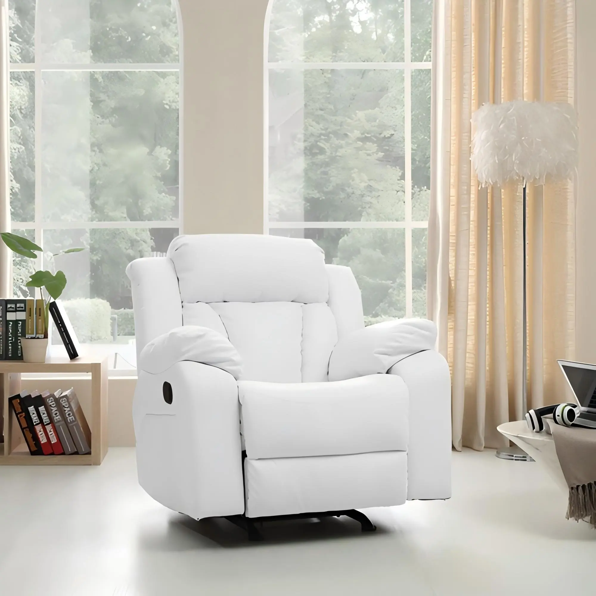 ARCH Elegant White Recliner Chair with Padded Arms, Comfortable Living Room Seating, Single Sofa Recliner for Home Theater, Bedroom, or Office, Modern Upholstered Armchair with Cushioned Armrests, Easy Recline Mechanism, Durable Fabric