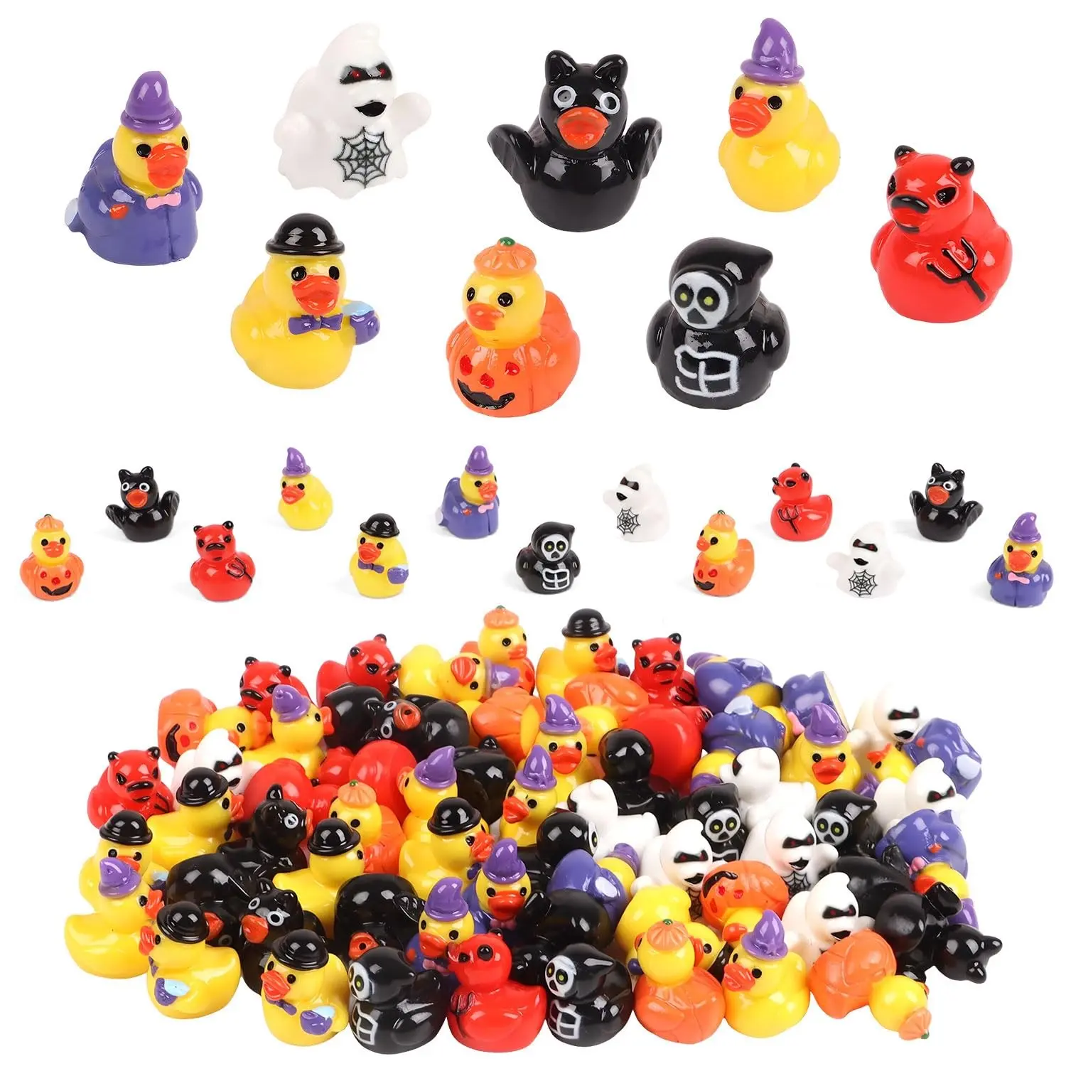 40pcs Halloween Mini Resin Ducks, Witch Ghost Bat Skeleton Pumpkins, Craft Party Favor Dollhouse Decor, Tiny Resin Duck Figures