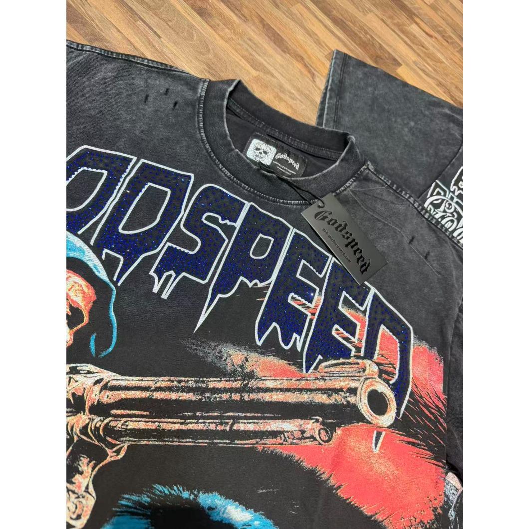 Real Photo Original Label Ripped Hot Drill Godspeed Short Sleeves T Shirt American Cotton Vintage Washed Rhinestone Bling Oversized Loose Unisex Round Neck Streetwear Hip Hop Y2K Casual Tops Tees With Tags For Men Women