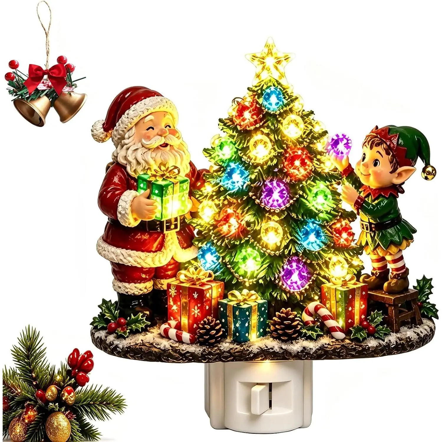 Santa and Elf Christmas Night Light Plug-in Festive LED Wall Nightlamp Vintage Christmas Tree Figurine Sparkling Holiday Room Decor for Bedroom