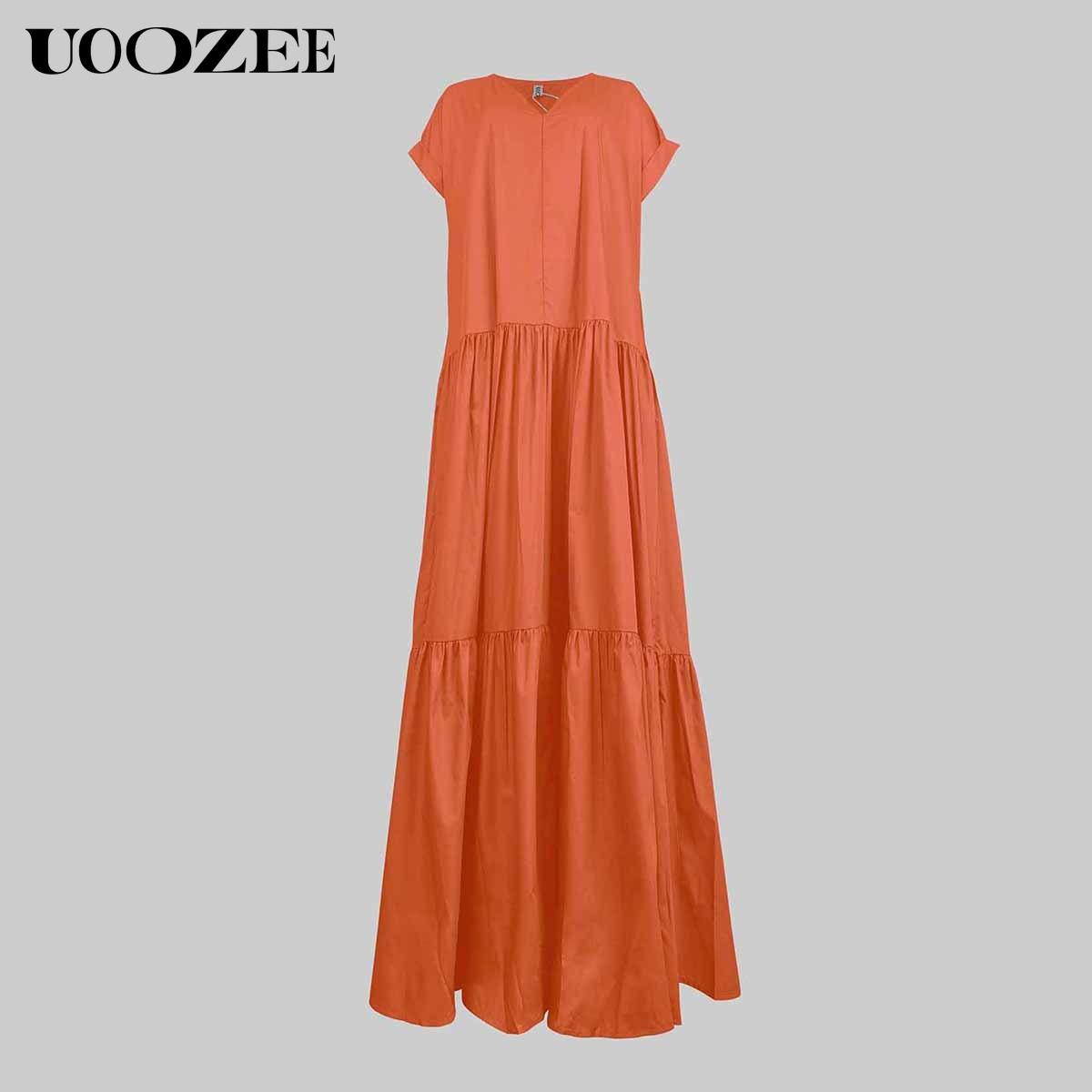 UOOZEE Women's Bright Chic Loose Short Sleeve Pleated Pocket Solid Color Slit V-Neck Maxi Dress Summer Casual Basic Cotton Blend Machine Washable Holiday Dress Womenswear Minimalist (Size is one size larger, it is recommended to order one size smaller)