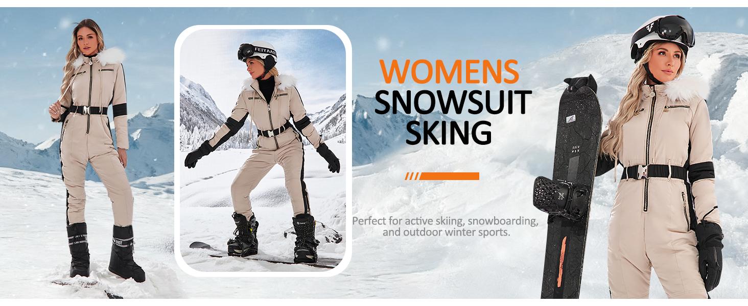 Yousify Womens Snow Suits Winter Ski Suit Onesie Outdoor Sports Waterproof Snowsuit Removable Faux Fur Collar Coat Jumpsuit