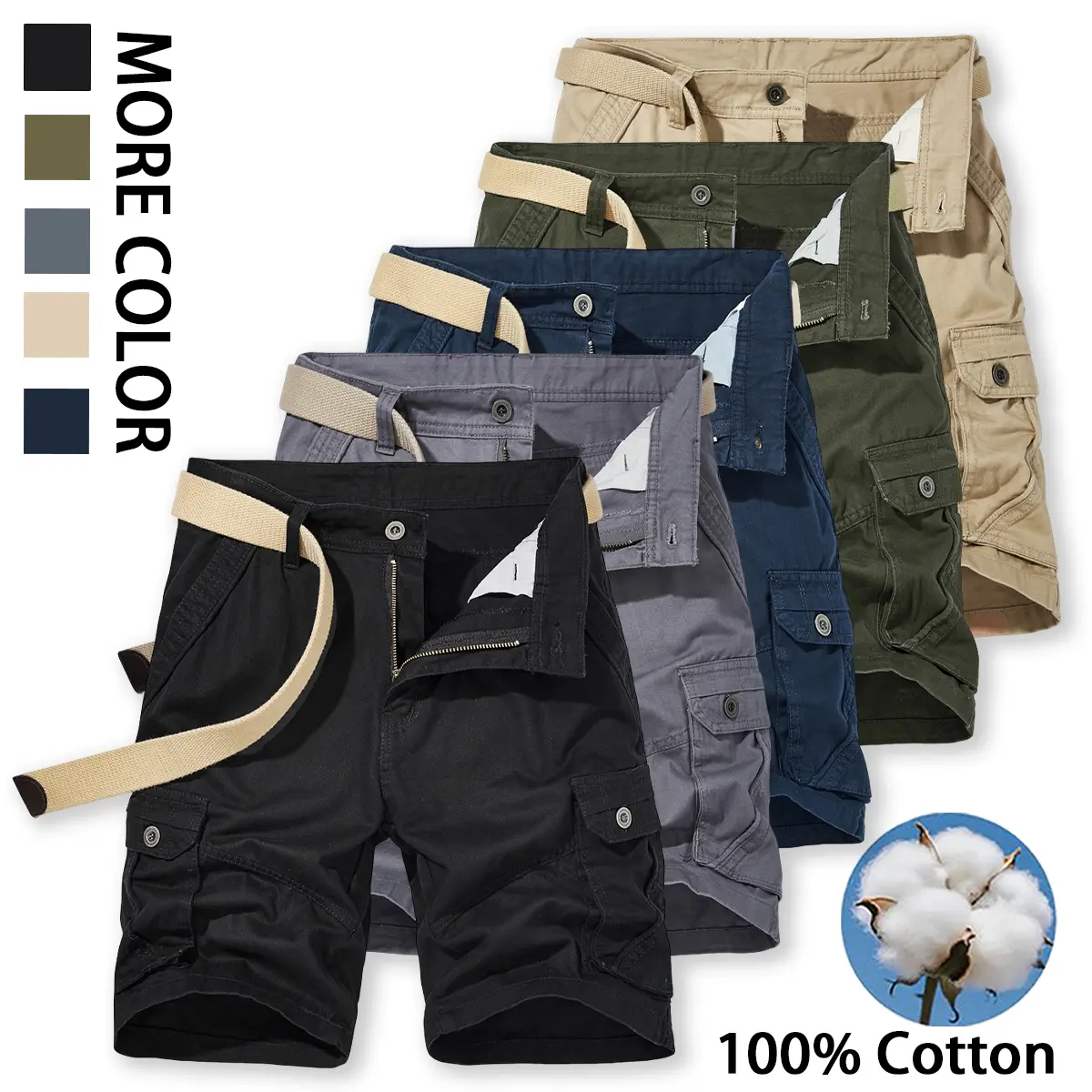 Men's 100% cotton matching canvas waistband workwear shorts, multi flap side pocket knee length functional shorts, suitable for outdoor hiking, fishing, and daily casual wear.