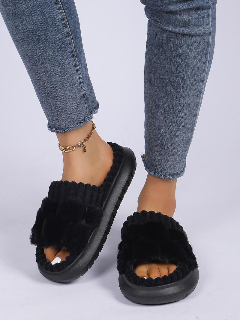 Women's Solid Color Fluffy Plush Slippers, Casual Soft Comfortable Home Slippers, Fuzzy House Slippers, Warm Slippers for Indoor & Outdoor Use for Fall & Winter