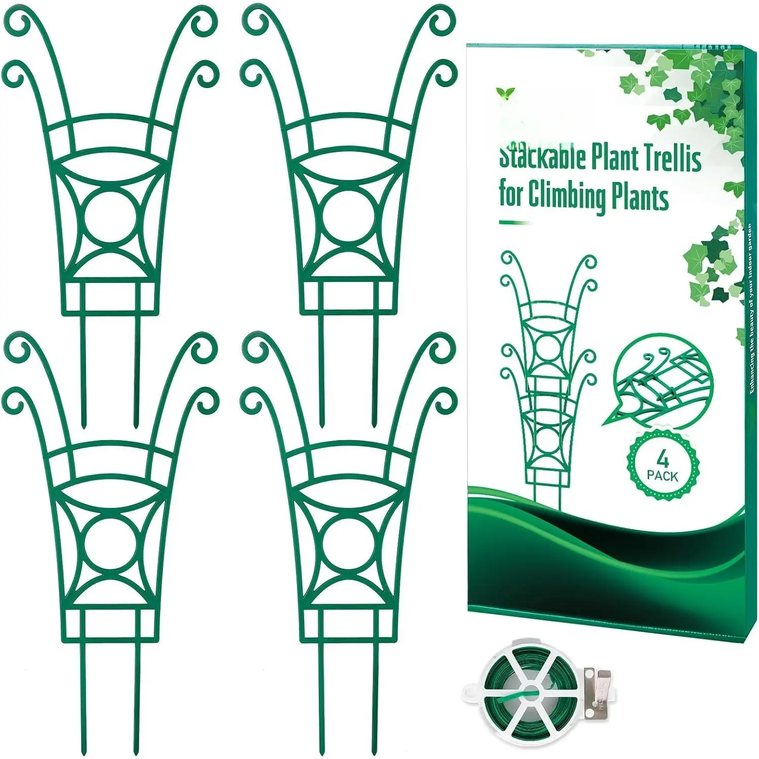 4-Pack Stackable PP Plastic Trellis Set (14.17" Tall) - Indoor/Outdoor Garden Plant Support for Vine, Ivy, Hoya & Houseplant Flowers, Both Indoors Outdoors