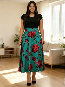 Elegant Plus Size Round Neck Dress, Printed Patchwork Short Sleeve, Slim Fit Waist Pleated Long Dress, Women's Fashion Clothing