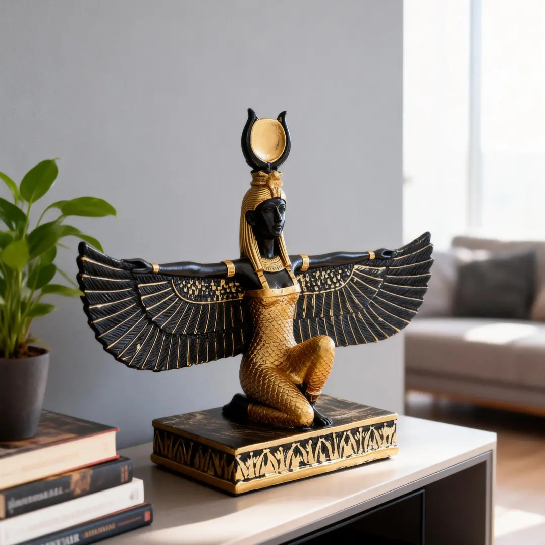 Ancient Egyptian Isis Commemorative Statue, Winged Kneeling Goddess, Decorative Home Entrance, TV Cabinet Display, Resin Craftsmanship, Figurine Decor