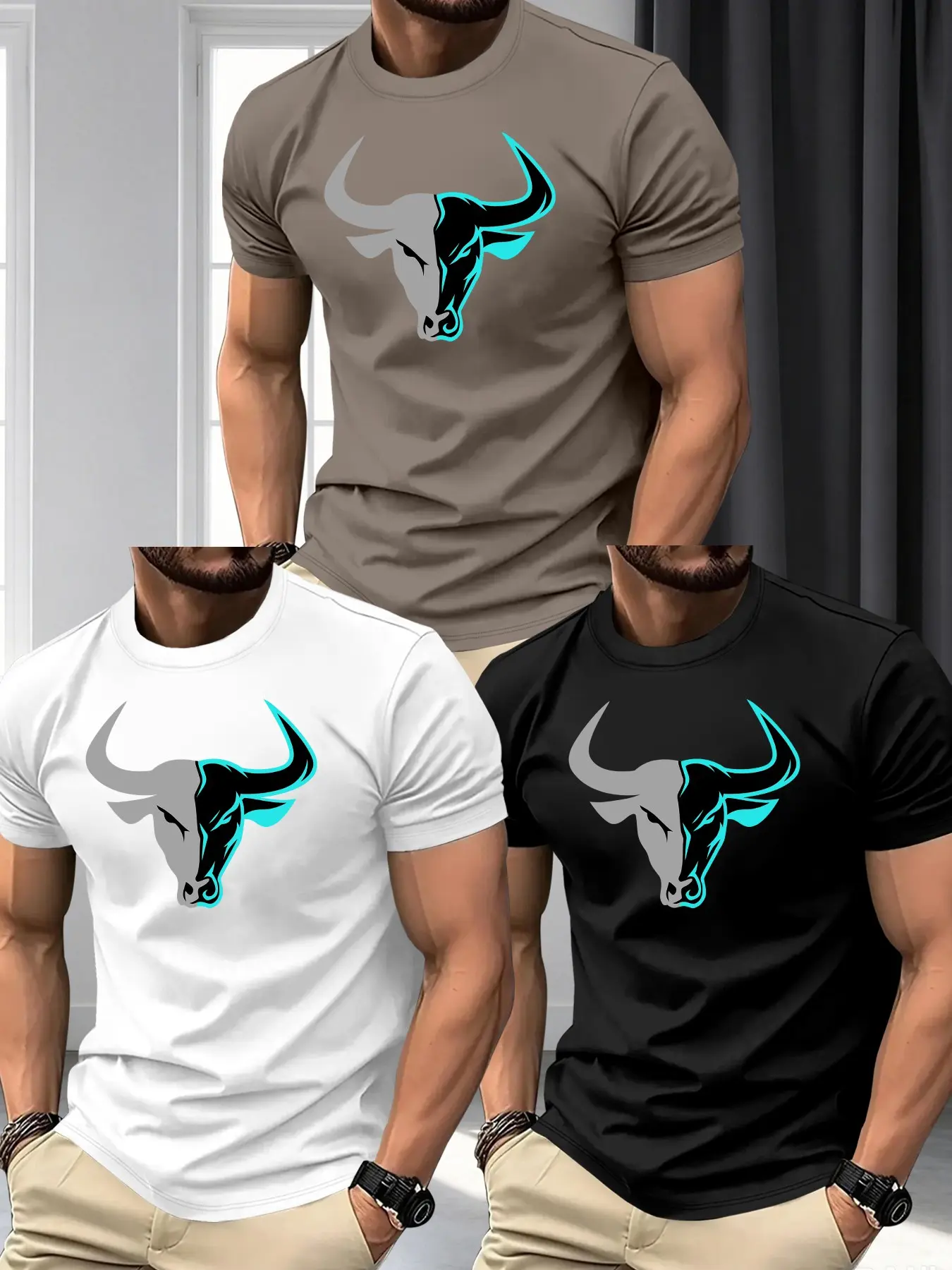 Men’s Bold Bull Head Graphic T-Shirt, Casual Short Sleeve Crew Neck Top, Stylish Urban Streetwear Tee for Daily Wear, Unique Split Color Bull Print, Trendy Fashion Essential
