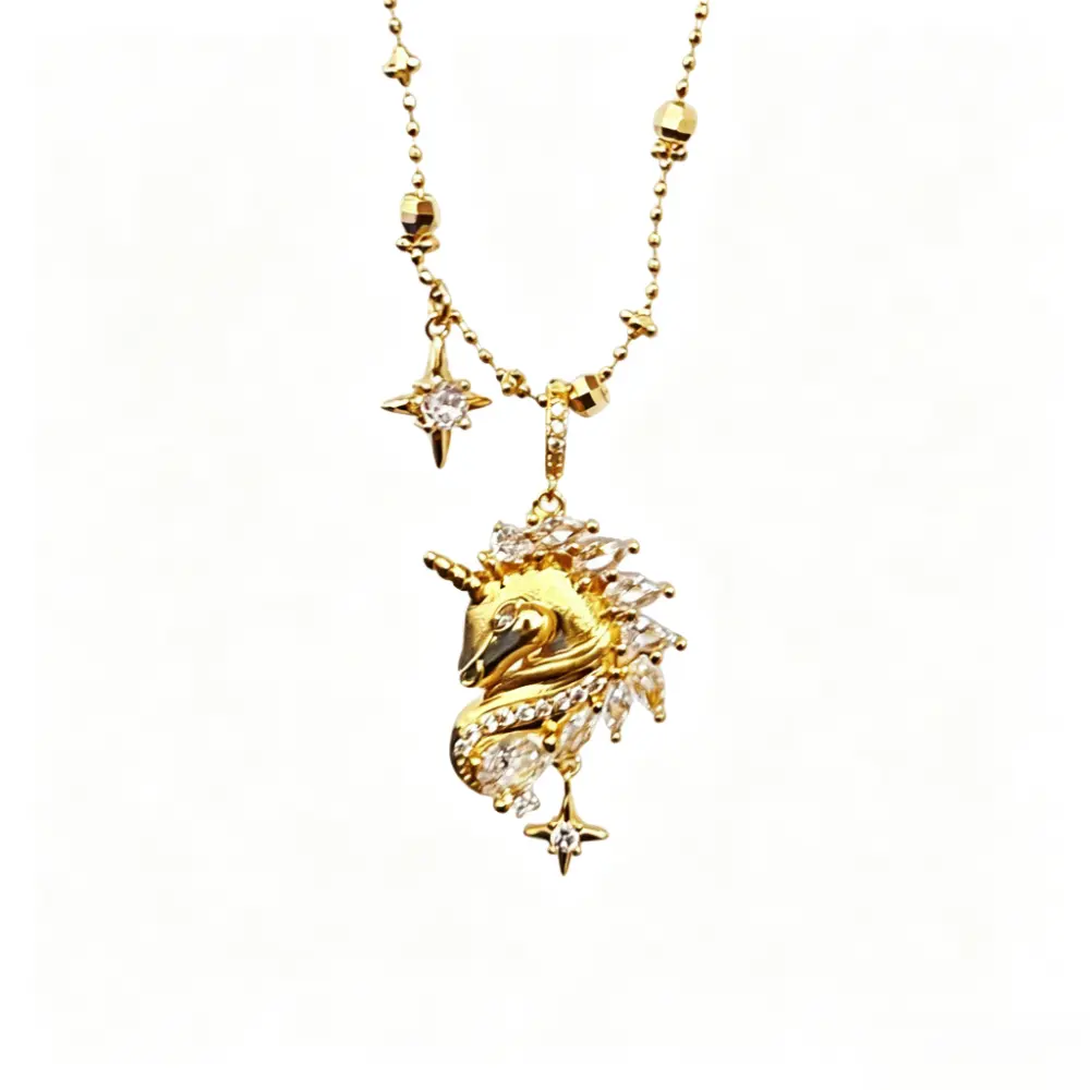 Women's Hypoallergenic Gold Unicorn Head CZ Pendant Necklace with Copper Base, Brushed Beaded Chain, Fairycore Female Costume Jewelry for Daily Wear, Party & Birthday Gift, Cable Chain, 13Cm * 11Cm * 2Cm
