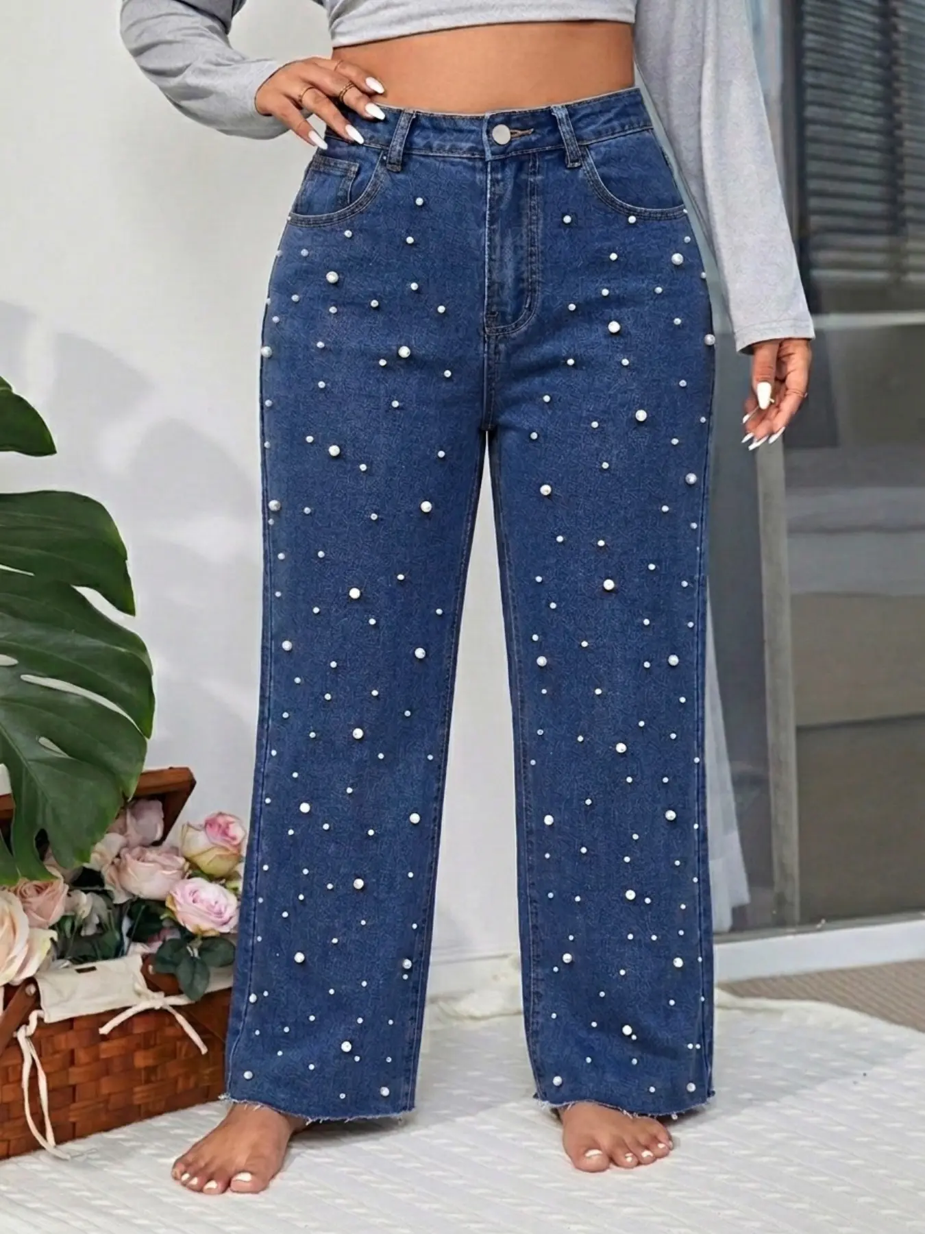 Women's Mid Waist Wide-Leg Denim Jeans, Vintage Wash Loose Fit, Pearl Decoration, Casual Commute, Plus Size, All Seasons