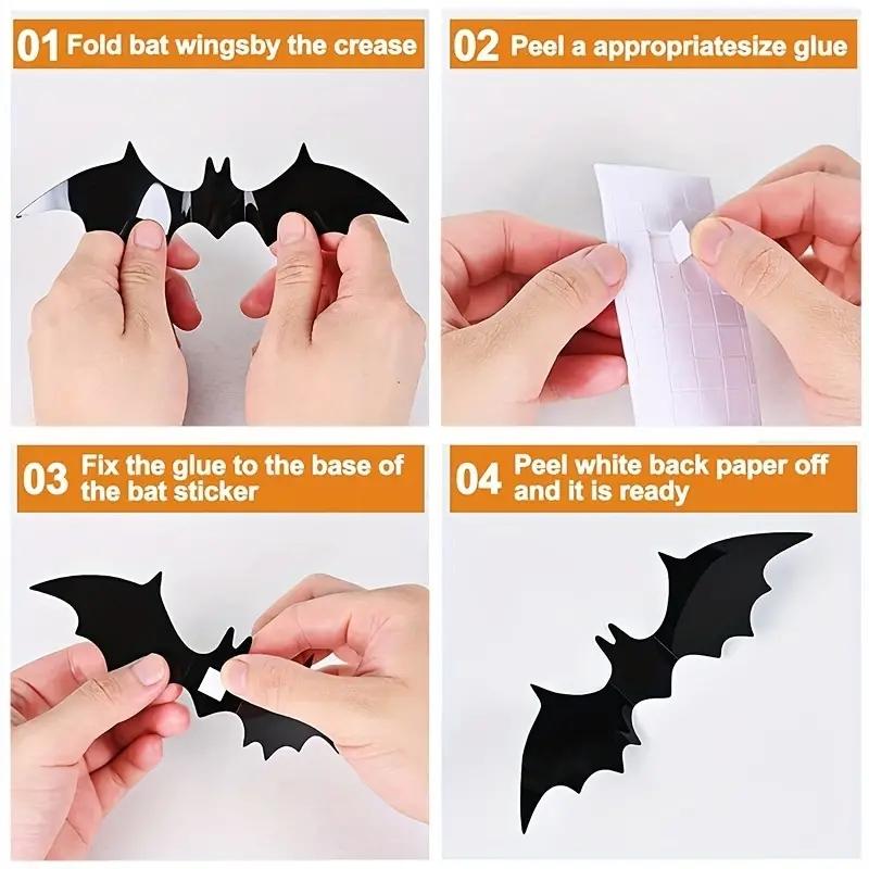 Bat Shaped Wall Sticker, 60pcs/set 3D Bat Wall Decal, Halloween Wall Art Decoration for Home Living Room Bedroom Hotel School