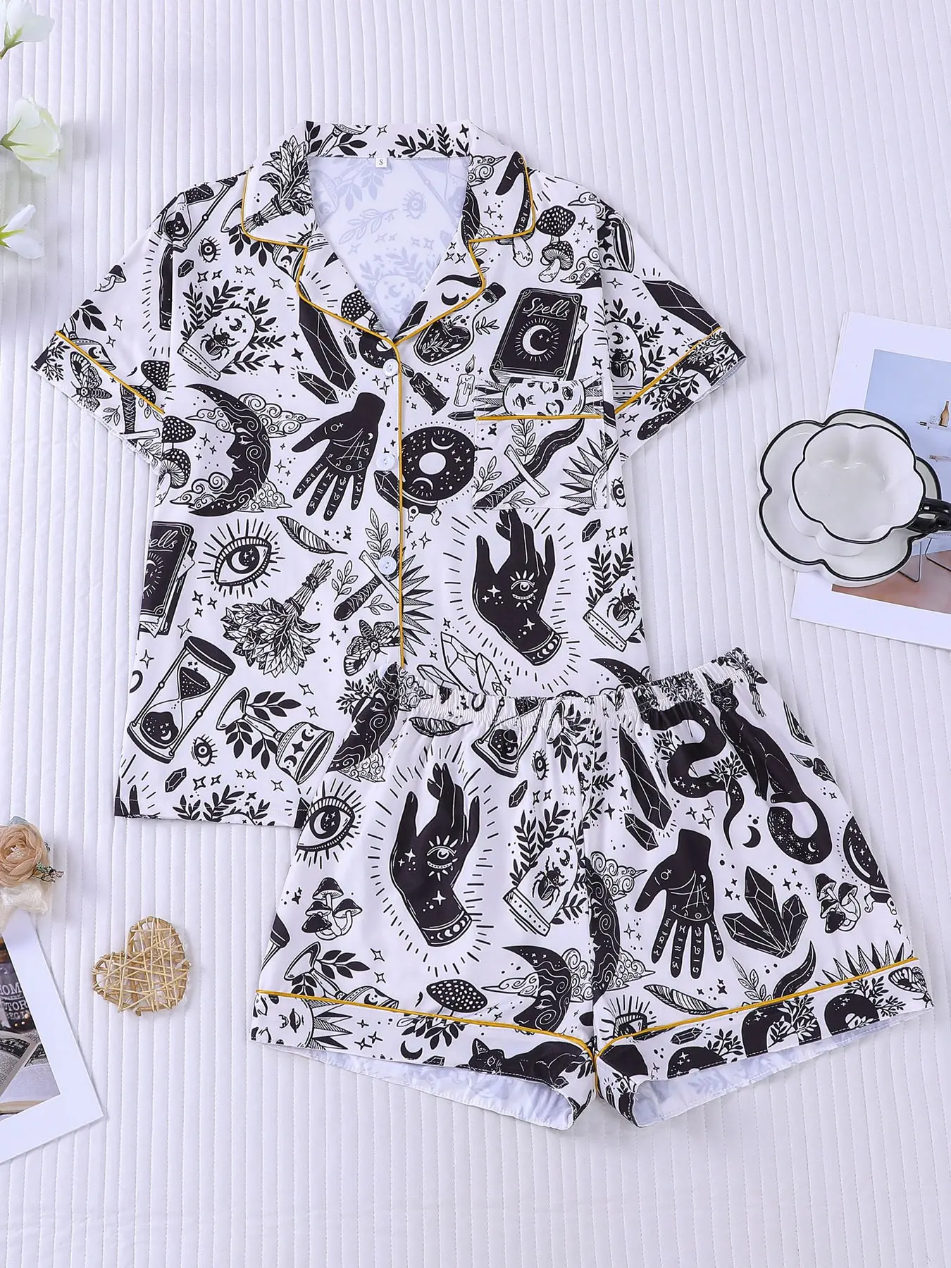 Women's 2-piece pajama set, Lounge pjs set, with dark tarot print of moon, stars, magic hands, black cats, mushrooms, alt ins style, gold contrast piping. Lapel top with pocket, soft elastic shorts, all-season women loungewear Loungewear Nightwear