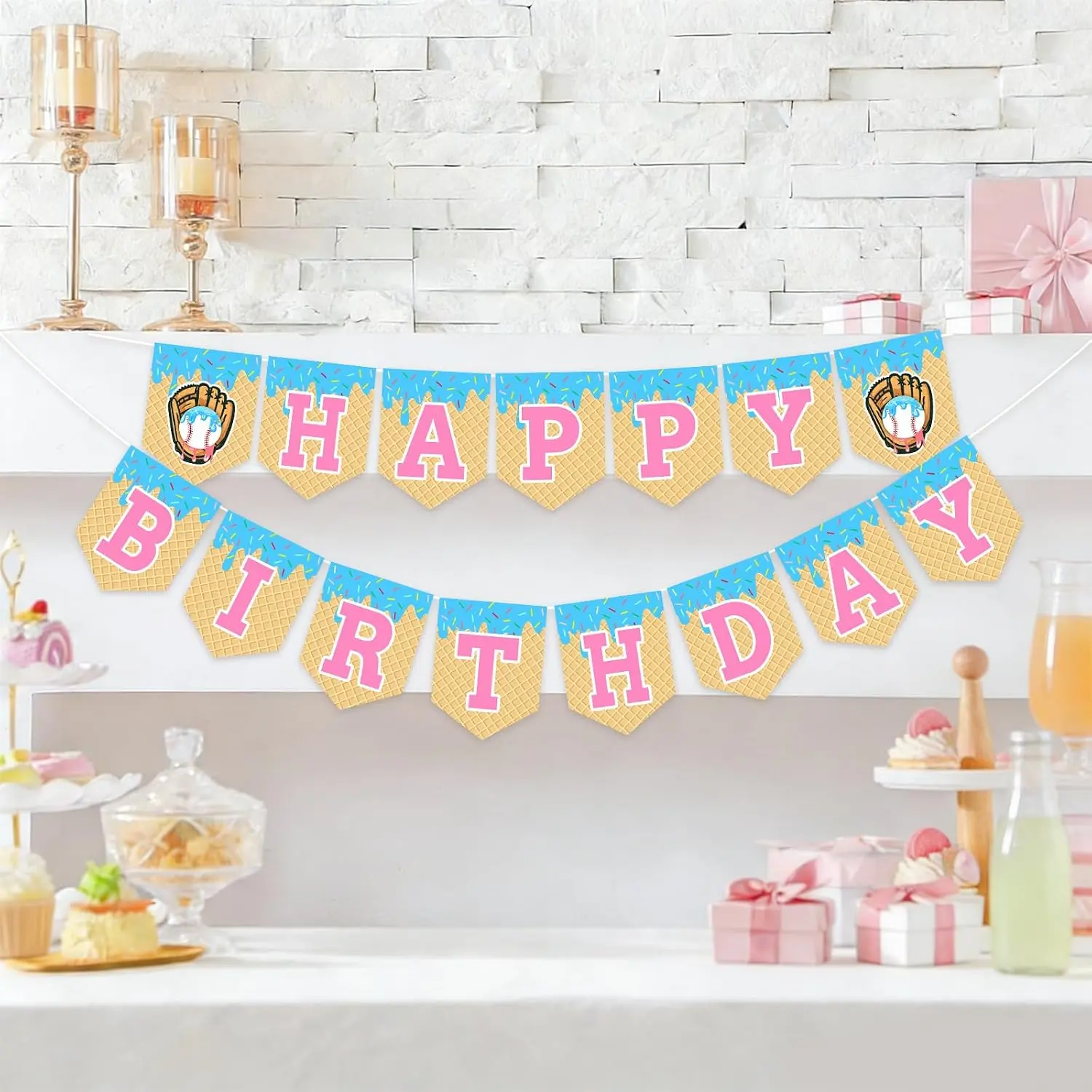 Baseball Ice Cream Drip Happy Birthday Banner -  Themed Birthday Party Decoration -  Blue Ice Cream Baseball Pennant Banner for Birthday Party Supplies ()