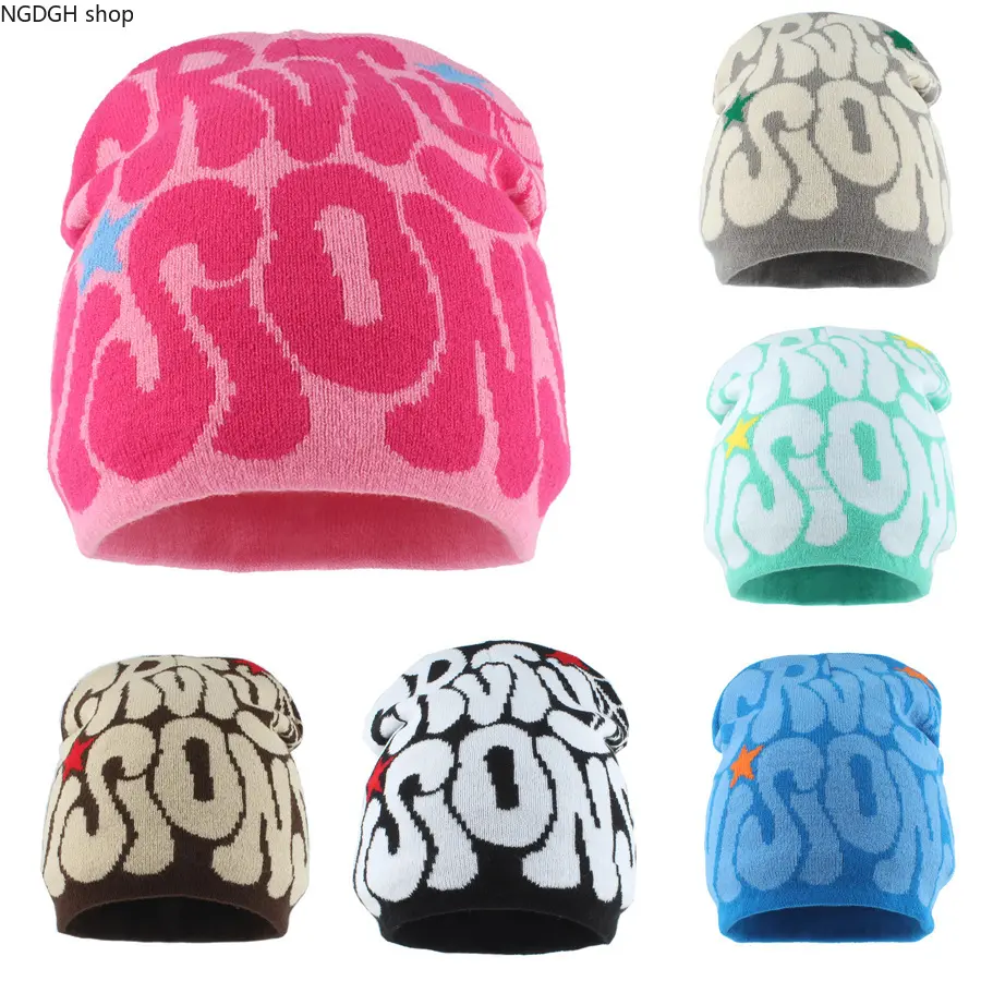 Graffiti Beanie - Knit Letter Star Pattern Slouchy Hat, Soft Warm Winter Skullies, Trendy Unisex Fashion Accessory for Men Women