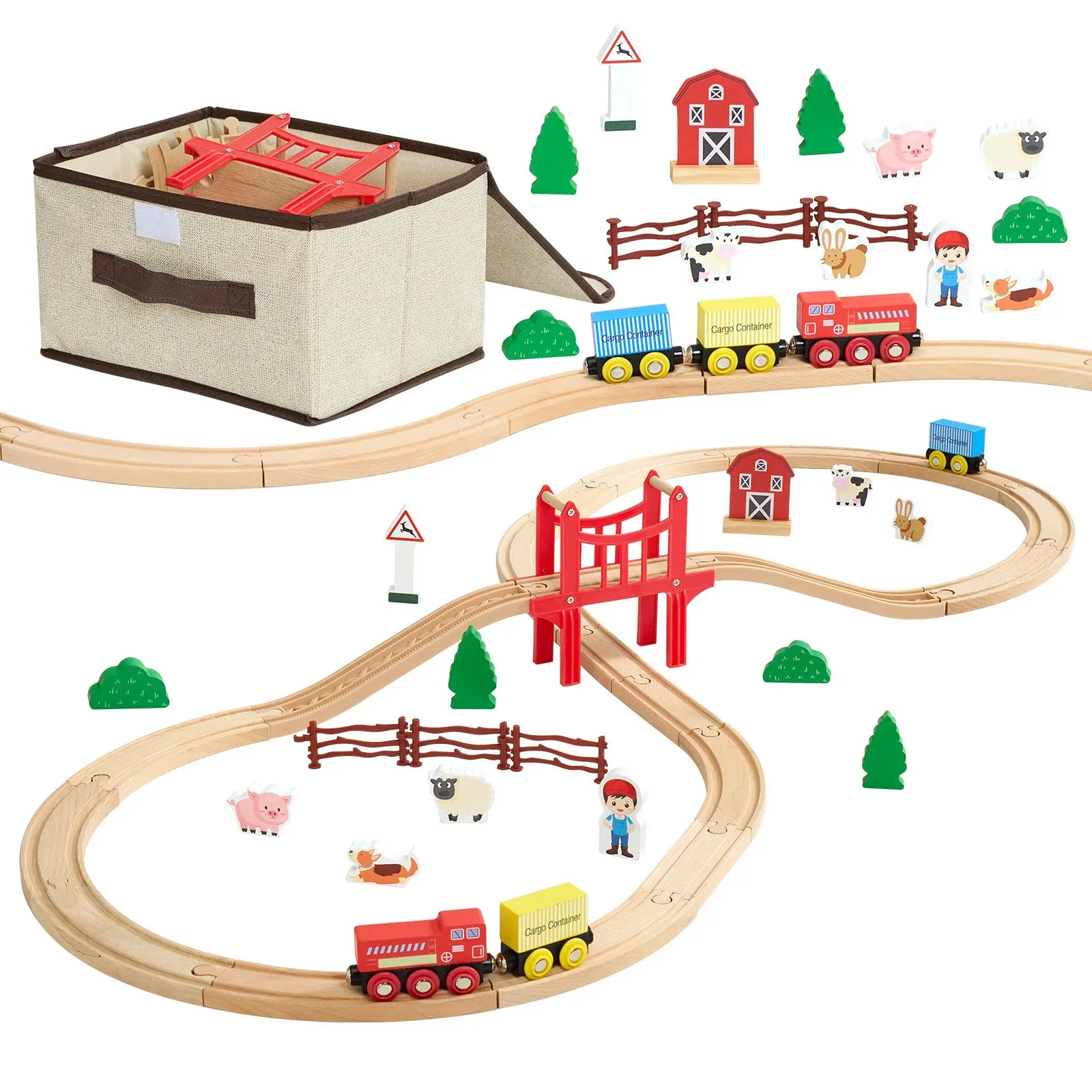 【DealsForYouDays】VEVOR Wooden Train Set, 39PCS, Wood Train Track with Magnetic Trains and Railway Accessories, Compatible with Major Brands, Small Town, Christmas Birthday Toy for Kids Toddlers Ages 3-8 Boys and Girl