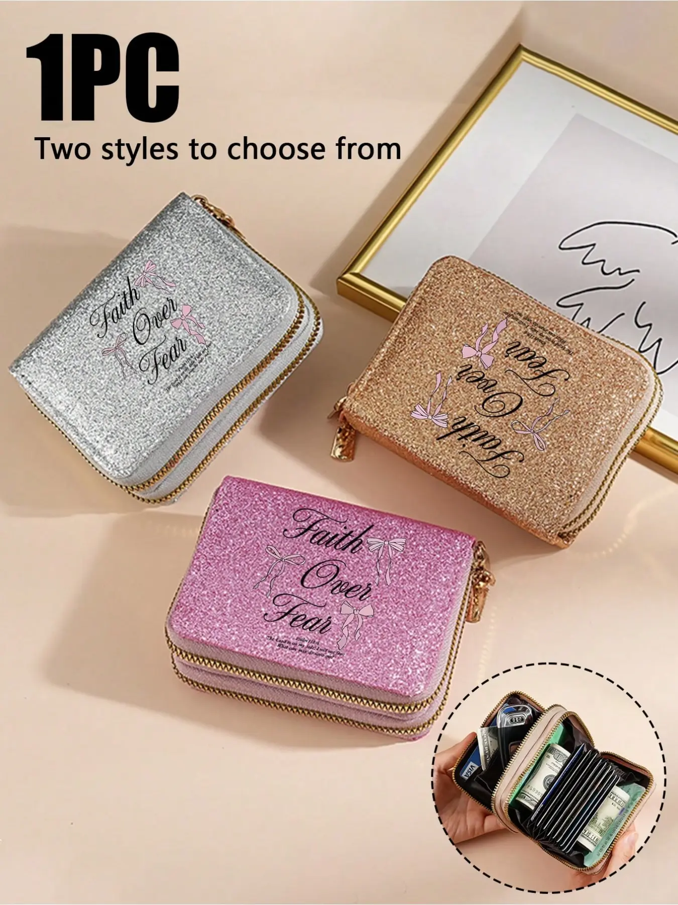 Women's Dual Zipper Wallet, Starry Glitter Card Holder, Multi-Card ID Case, Fashionable Letter Butterfly Design, Waterproof, Large Capacity