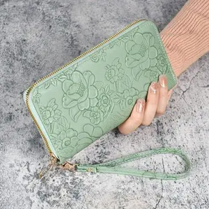 Women's Floral Embossed Faux Leather Wallet with Wristlet - Large Capacity Zippered Clutch, Card Slots, Phone Pocket, Coin Purse for Daily Use, Shopping (Sports & Outdoor Protective Gear Accessory)
