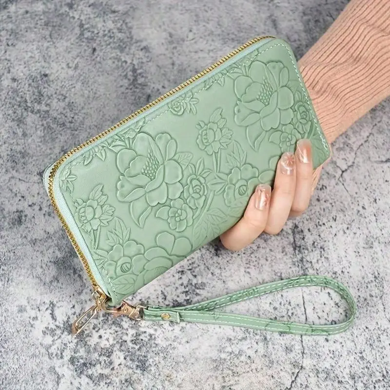 Women's Zip Around Wristlet Clutch - Elegant Floral Embossed PU Leather Top Handle Bag with Card Slots, Phone Pocket, Coin Holder, Large Capacity for Daily Use (Sports & Outdoor Protective Gear Accessory)