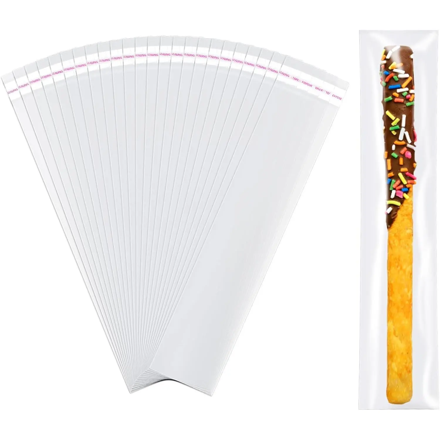 2x10 Inch Pretzel Rod Bags (200 Pack) - Clear Self-Sealing Cellophane Treat Bags for Chocolate Covered Pretzels, Candies & Cookies | Cello Sleeves for Party Favors & Bakery Supplies