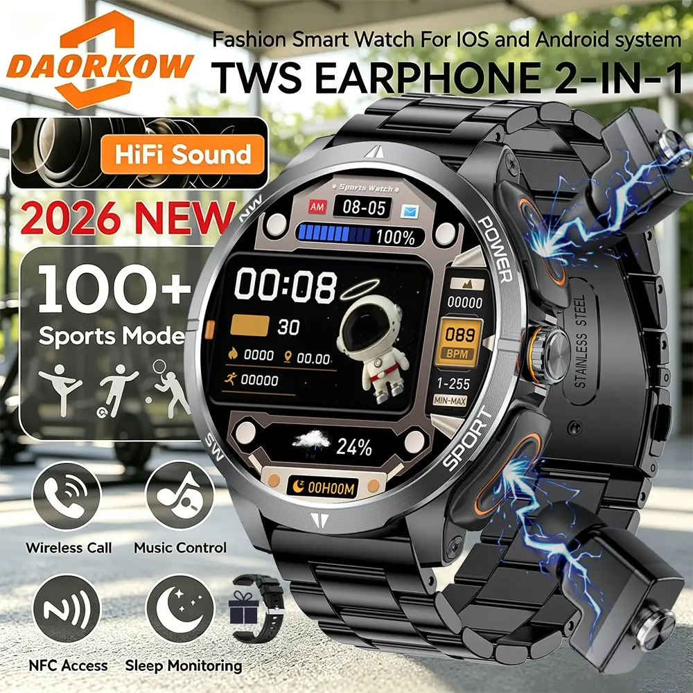2026 New TWS Smartwatch, Unisex Bluetooth-compatible Watch, HD Screen, NFC, Health Tracker, Compatible with iPhone & Android, 100+ Sports Modes