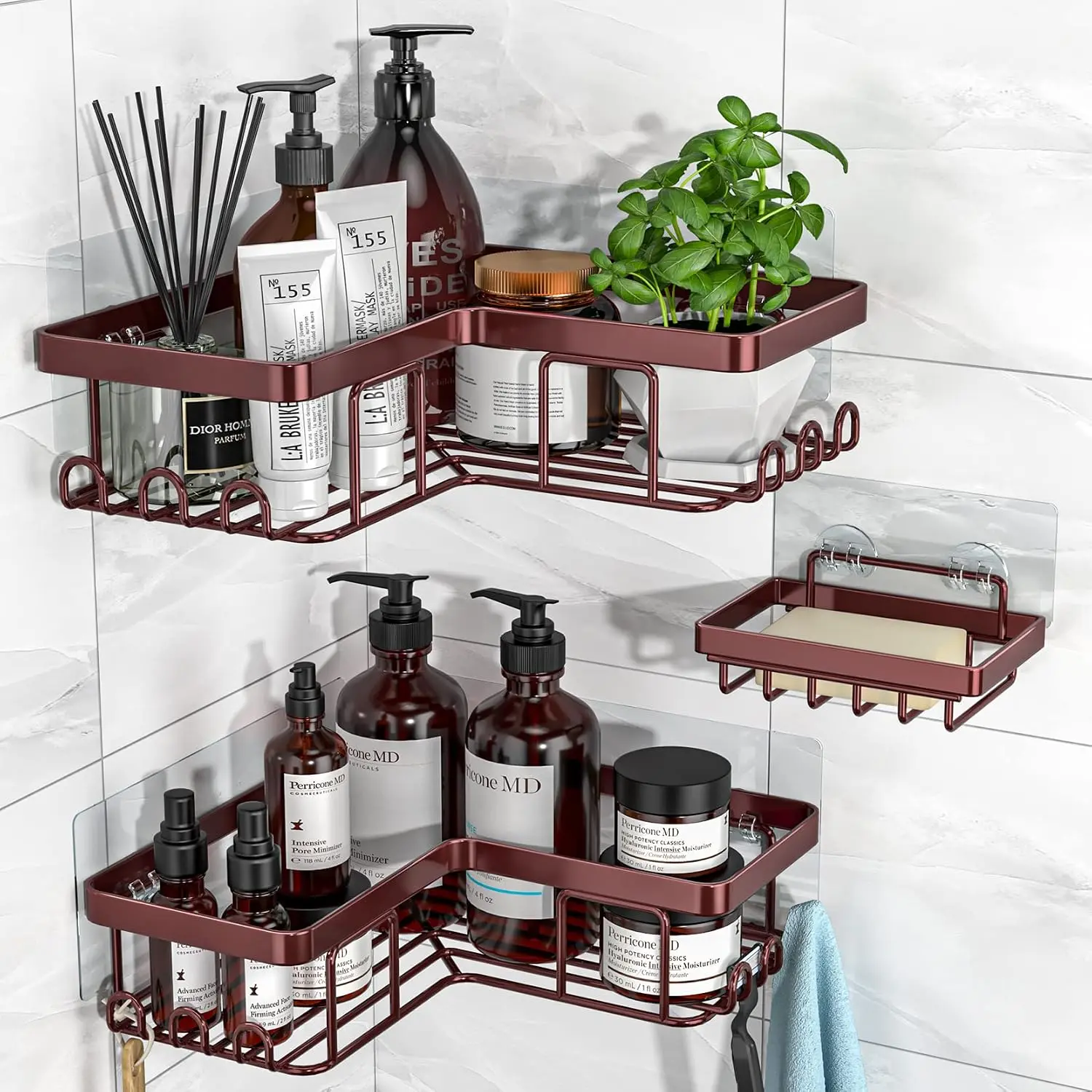 Bronze Rustproof Stainless Steel Corner Shower Caddy 3-Pack - Adhesive Mount Shower Organizer with Soap Holder, 12-Hook System, No-Drill Organizer Shelf, Solid Frame for Bathroom, L-Shaped, Set Pack
