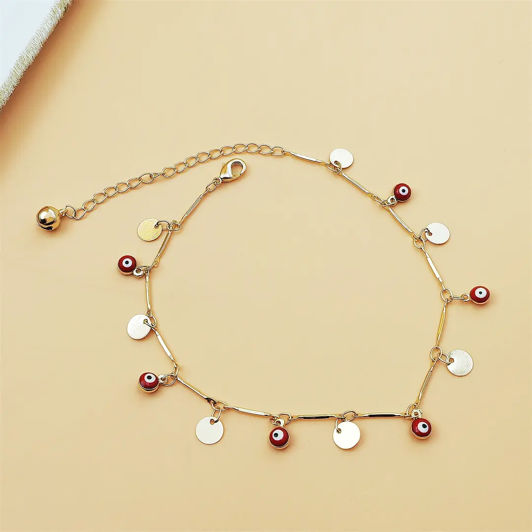 Women's Gold Plated Evil Eye Multi Disc Charm Bracelet, Boho Dangle Style with Red Enamel Discs, Adjustable Chain (21cm+5.5cm) for Bracelet Stacking & Daily Wear, Unisex Extension Chain Design