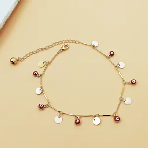 Gold Plated Red Enamel Evil Eye Disc Charm Bracelet Adjustable Extension Chain Boho Multi Dangle Charms Women Daily Wrist Jewelry Size 21cm+5.5cm Extender