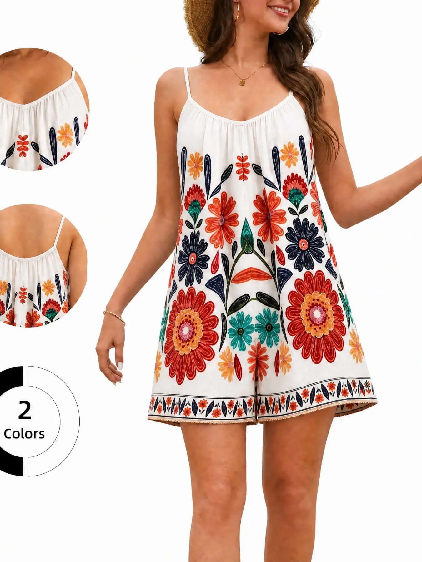 2026 Summer Boho Floral Print Cami Shorts Jumpsuit for Women V-Neck Loose A-Line Resort Vacation Casual Outfit