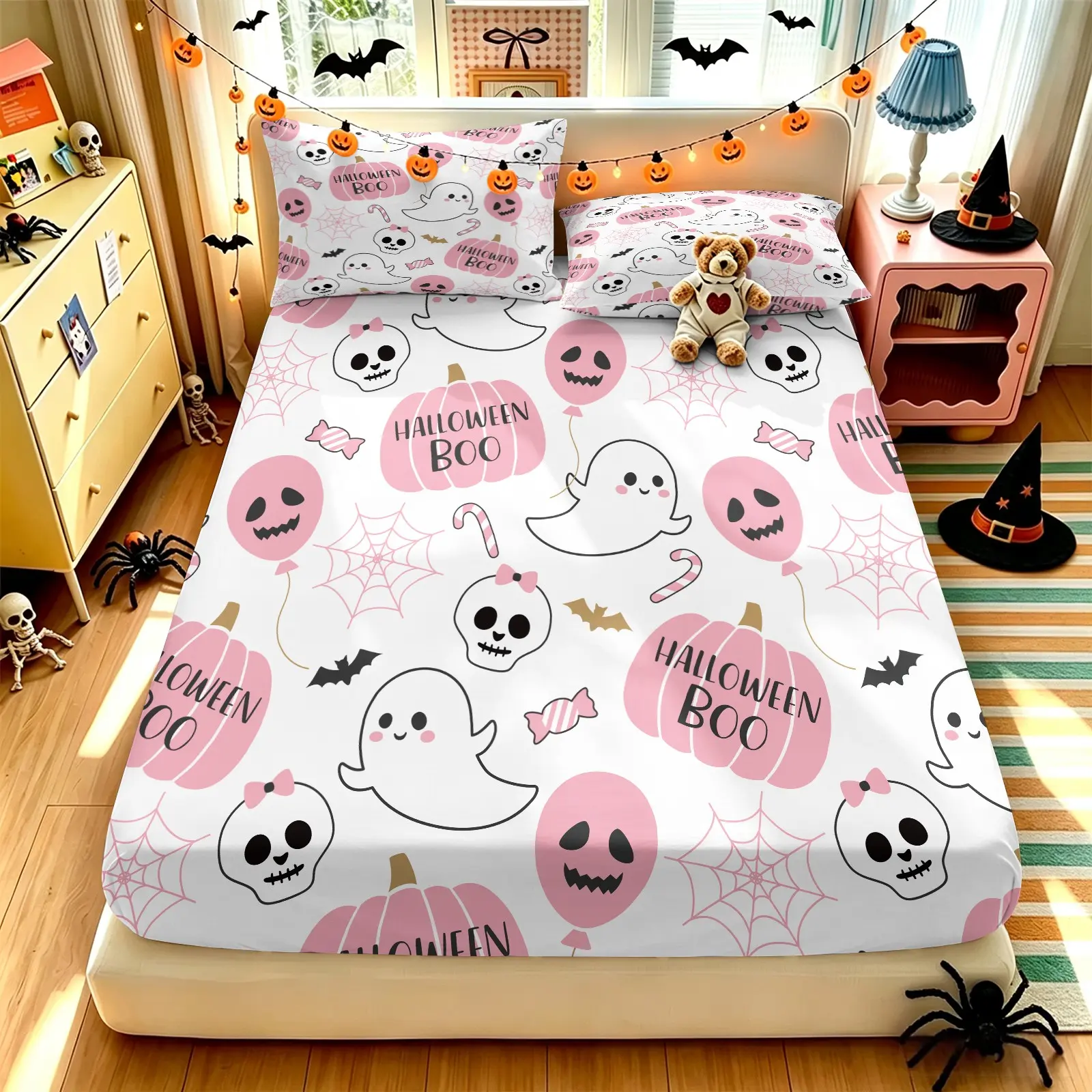 3PCS Sweet Pink Halloween Ghost Spider Web Print Fitted Sheet Set (1 Fitted Sheet+2 Pillowcases), Vivid HD Digital Print, Ultra Soft Breathable Fabric, Stretch Deep Pocket, Bedroom Decor Accessories, Girly Halloween Bedroom Decoration