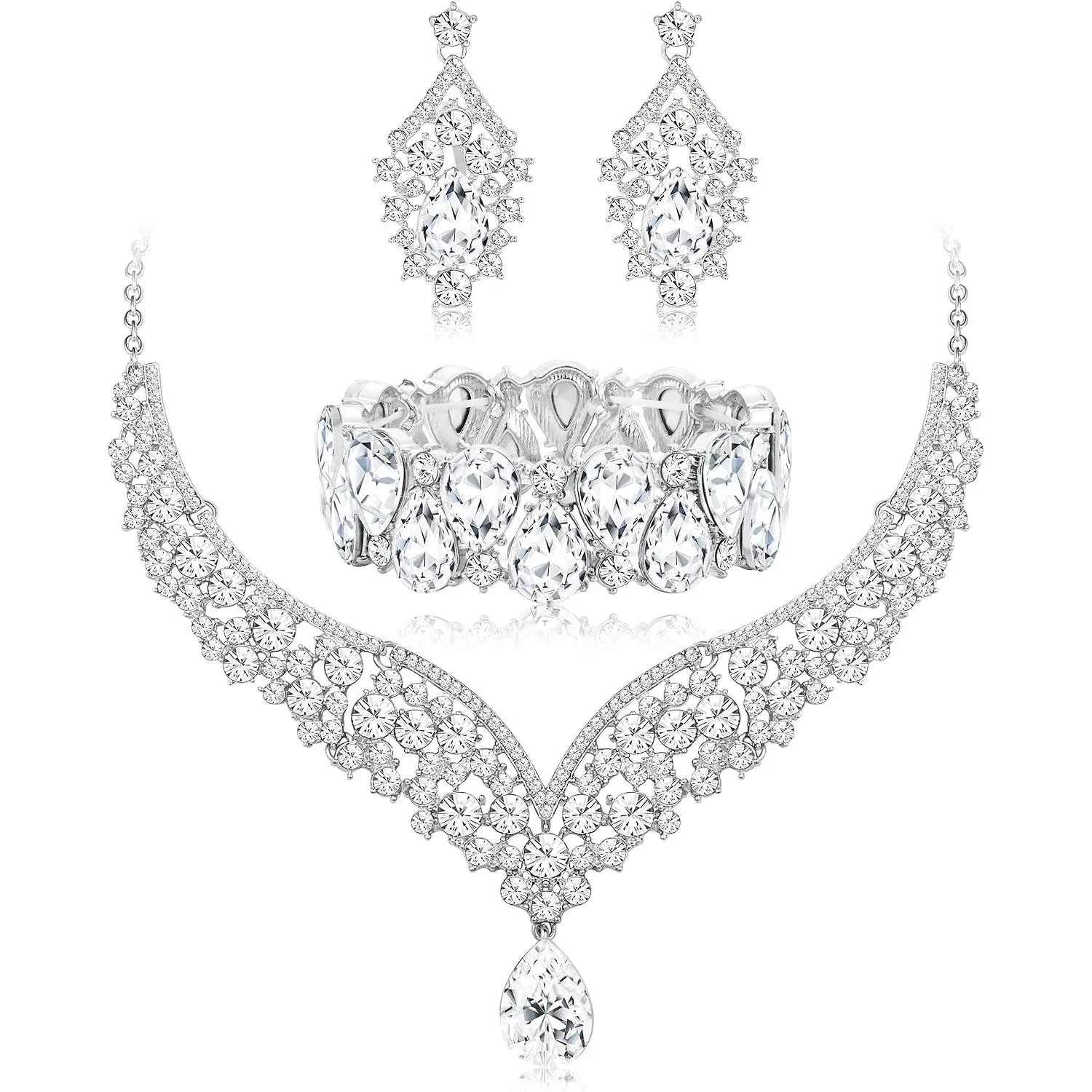 Wedding Bridal  Set for Women Prom Sliver Rhinestone Teardrop Necklace Earrings Bracelet Wedding Bridesmaid Gifts Fit with Wedding Dress