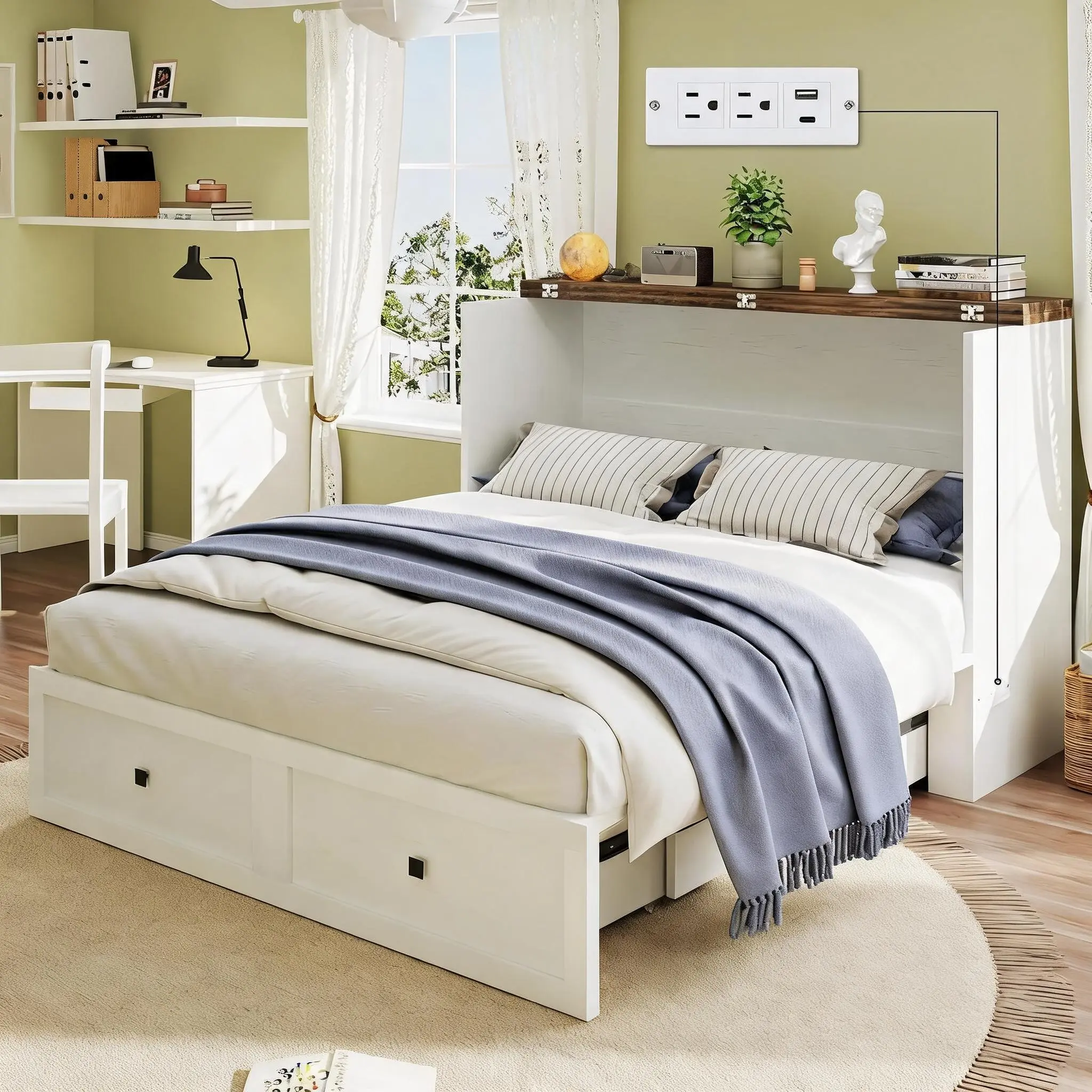White US Standard Queen Farmhouse Murphy Bed Cabinet with Storage Base, Easy Fold-Down Design, 900lbs Heavy-Duty Capacity, Built-In Charging Station for Bedroom, Living Room
