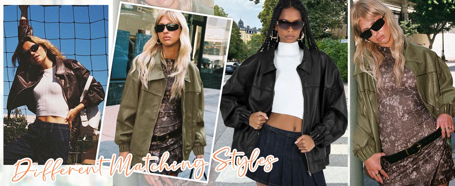 Yousify Womens Leather Jacket Oversized Faux Casual Zip Up Bomber Motorcycle Jackect Trendy Fall Winter Clothes S-XXL